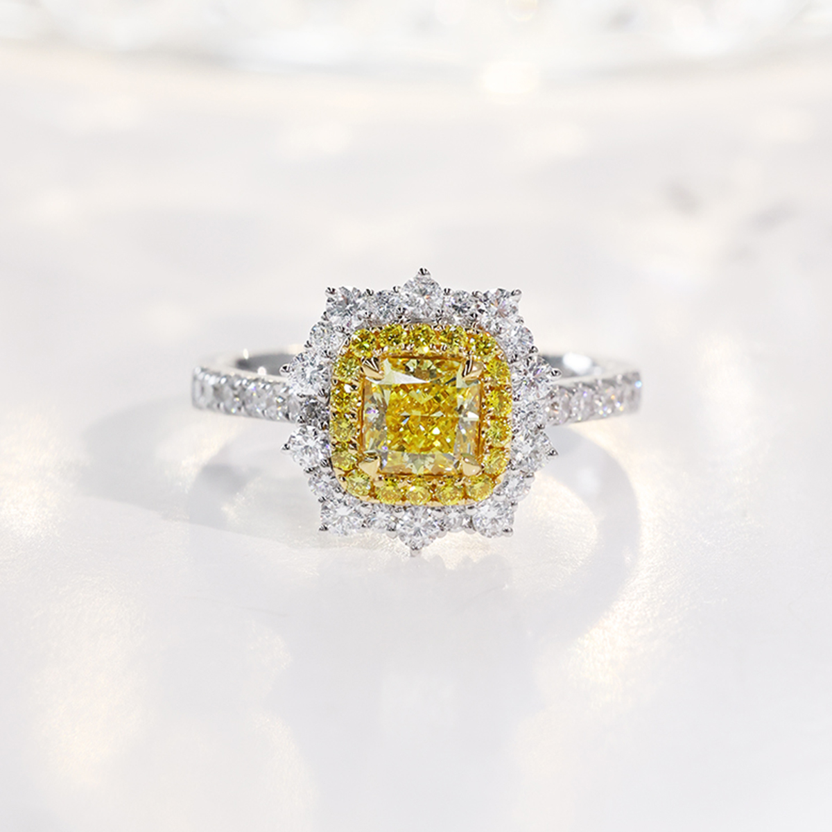 1.4 Carat Total Weight Yellow Radiant Cut Lab Grown Diamond Halo Engagement Ring in 18k White Gold