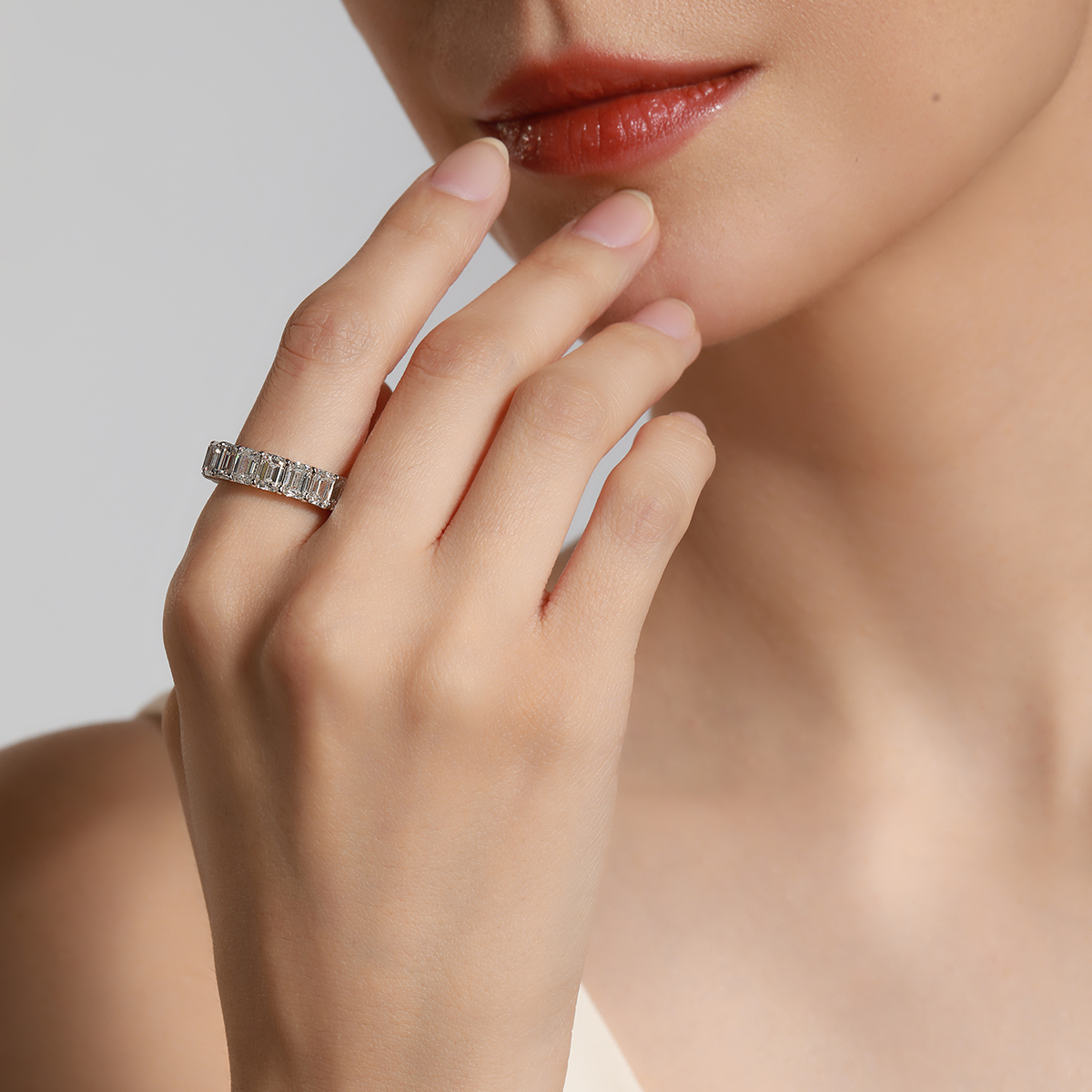 8 Carat Total Weight Luxury Emerald Cut Lab Grown Diamond Full Eternity Wide Wedding Band Baguette Ring-Light Mark
