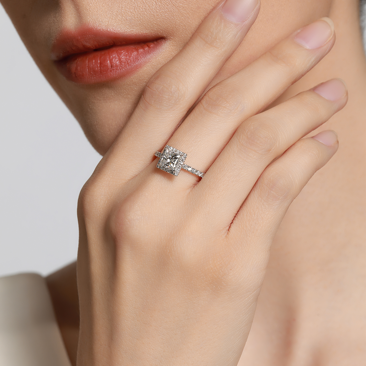 1 Carat Center Srone Halo Princess Cut Lab Grown Diamond Engagement Ring (1.4 Ct Tw)-Light Mark