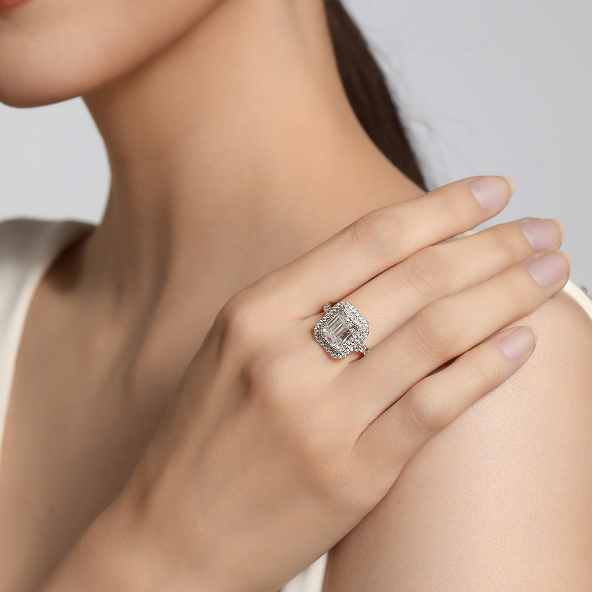 IGI Certificated 3 Carat Double Halo Emerald Cut Lab Grown Diamond Engagement Ring In 18k White Gold (3.7 Ct. Tw)-Light Mark