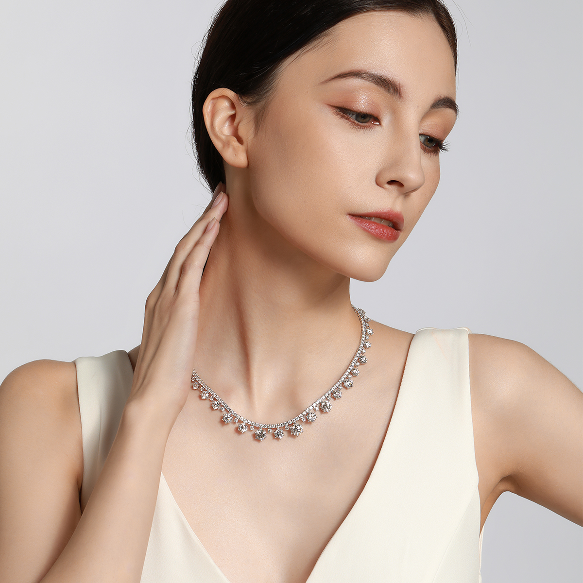30.7 Carat Total Weight Graduated Round Cut Dangle Lab Grown Diamond Drops Riviera Necklace-Light Mark