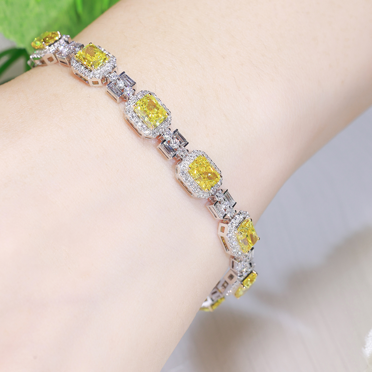 8.3 Carat Total Weight Yellow and White Halo Radiant Cut Lab Grown Diamond Mix Shape Bracelet-Light Mark