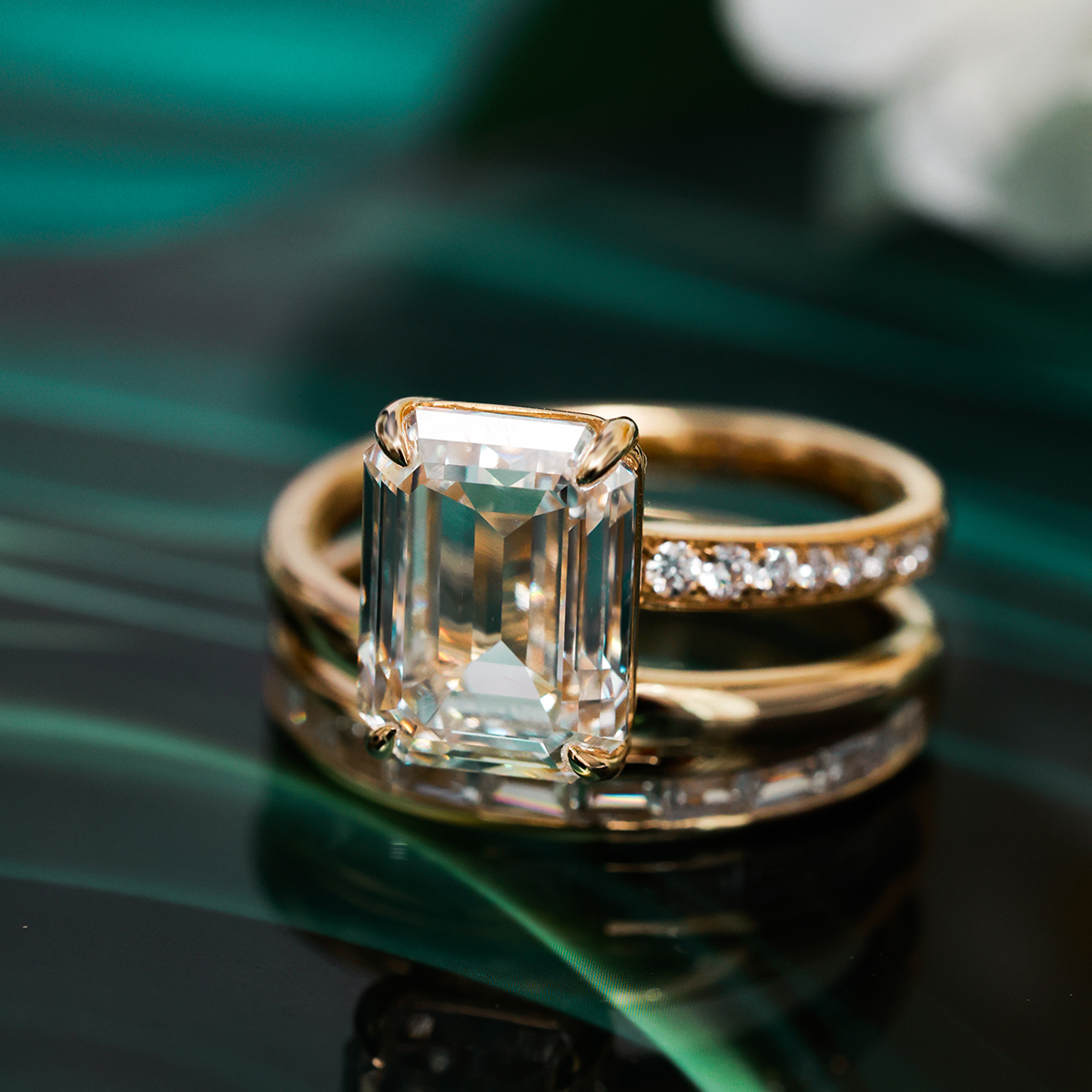 4 Carat Center Stone Emerald Cut Lab Grown Diamond Modern East West Engagement Ring  (4.5 Ct Tw)-Light Mark