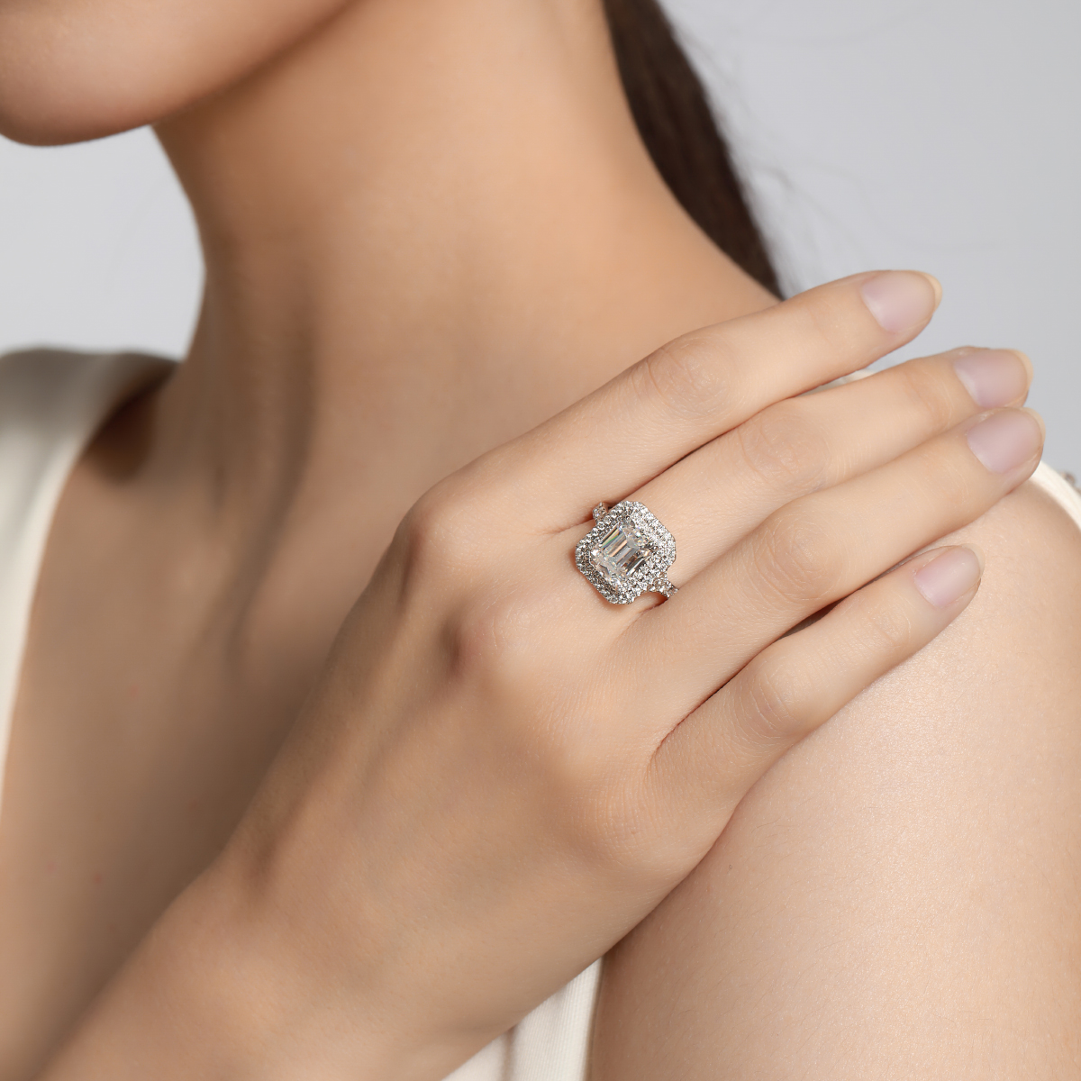 3 Carat Center Stonet Double Halo Emerald Cut Lab Grown Diamond Engagement Ring  (3.7 Ct Tw)-Light Mark