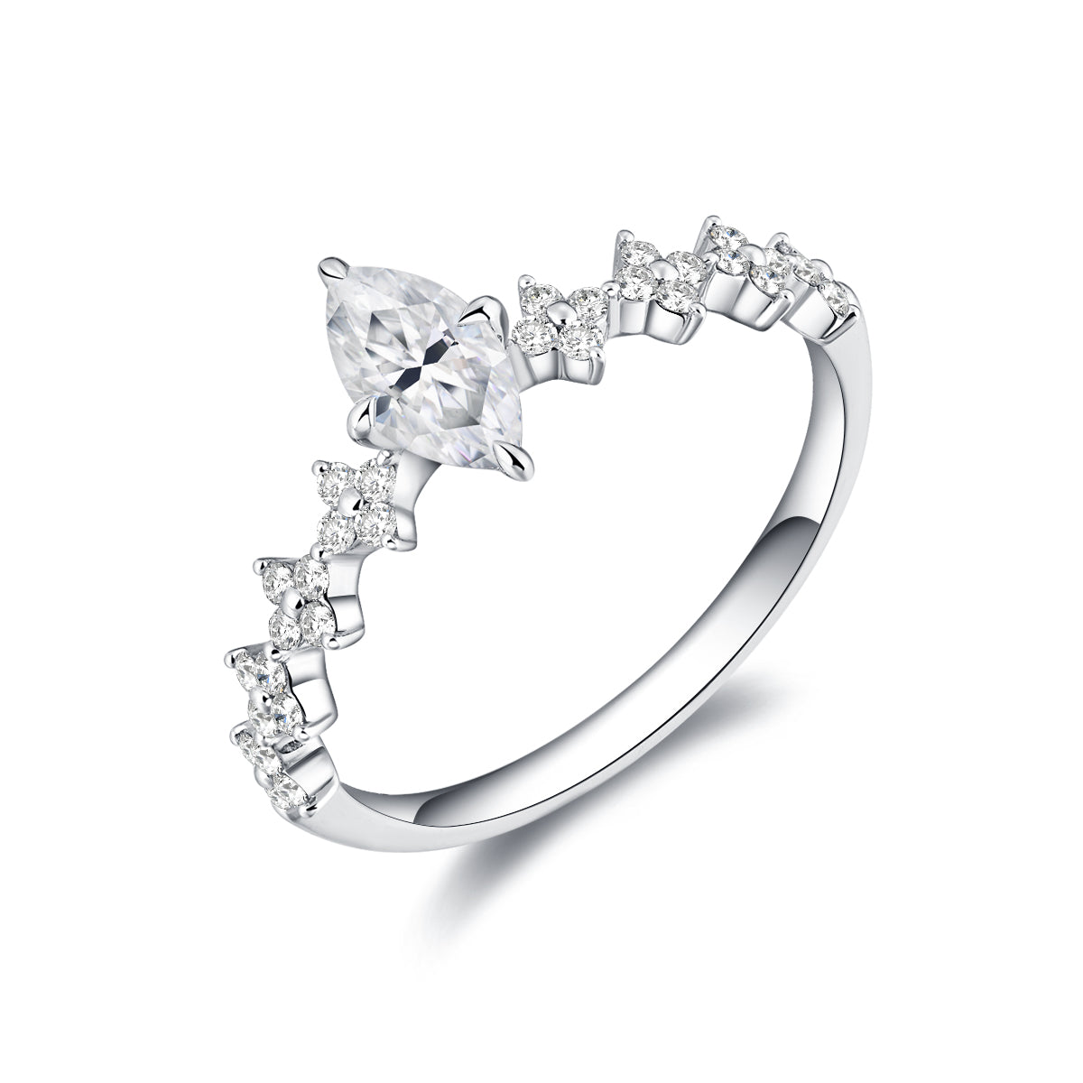 Marquise Cut Lab Grown Diamond Floral Diamond Beaded Band Engagement Ring in 18k Gold