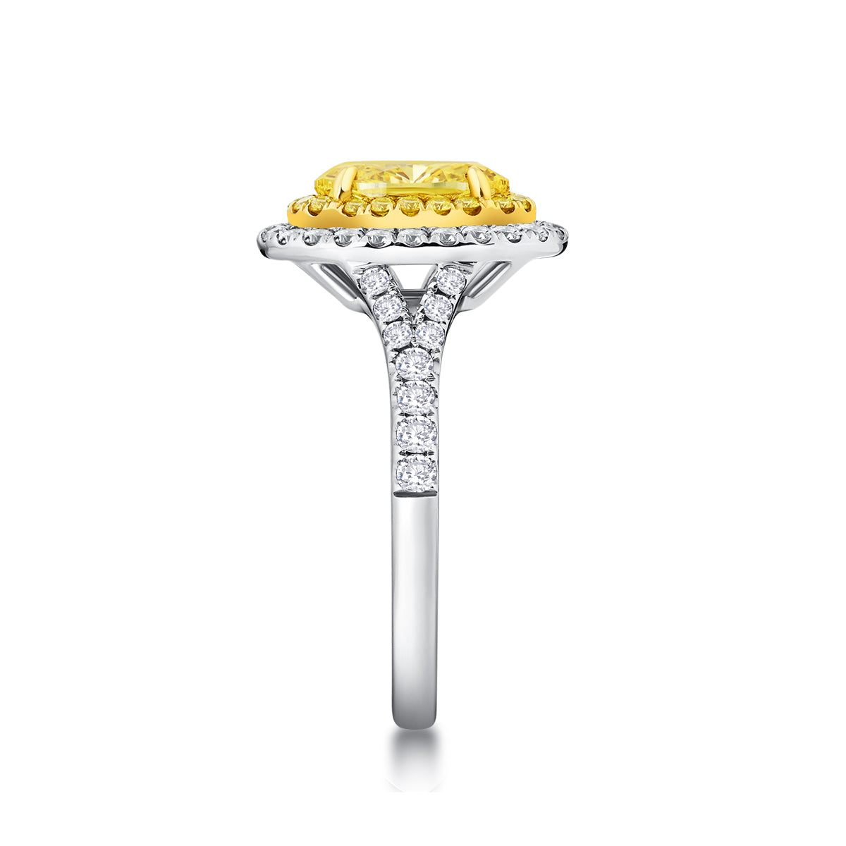 Double Halo Oval Cut Yellow Lab Grown Diamond Engagement Ring in 18k Gold