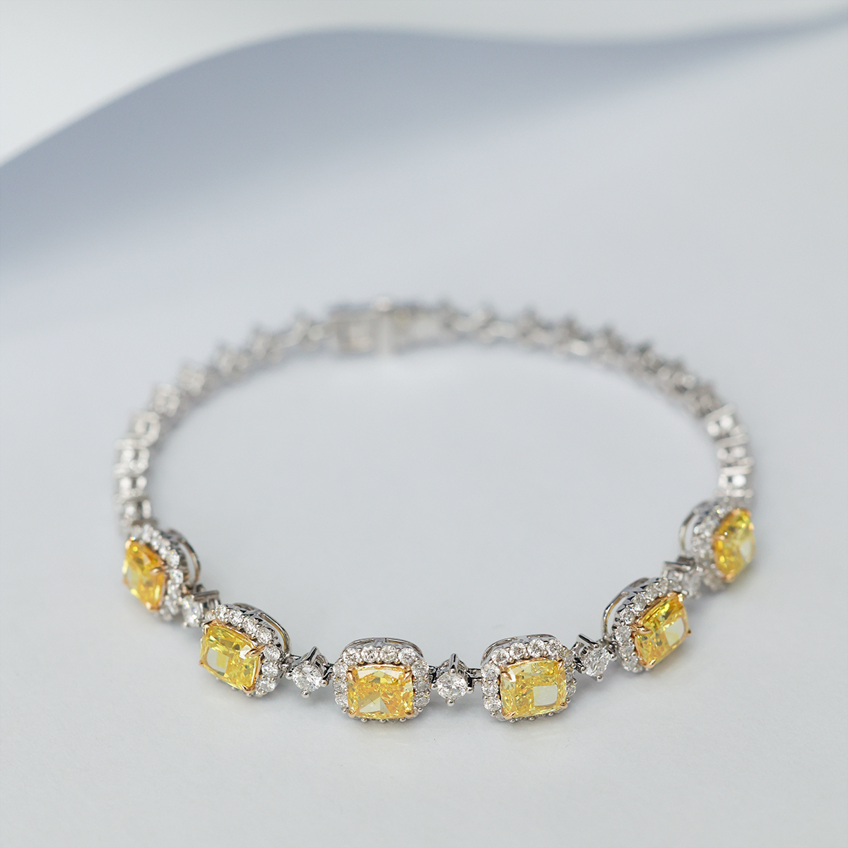 8 Carat Total Weight Cushion Cut Yellow and White Two Tone Lab Grown Diamond Bracelet in 18k White Gold-Light Mark