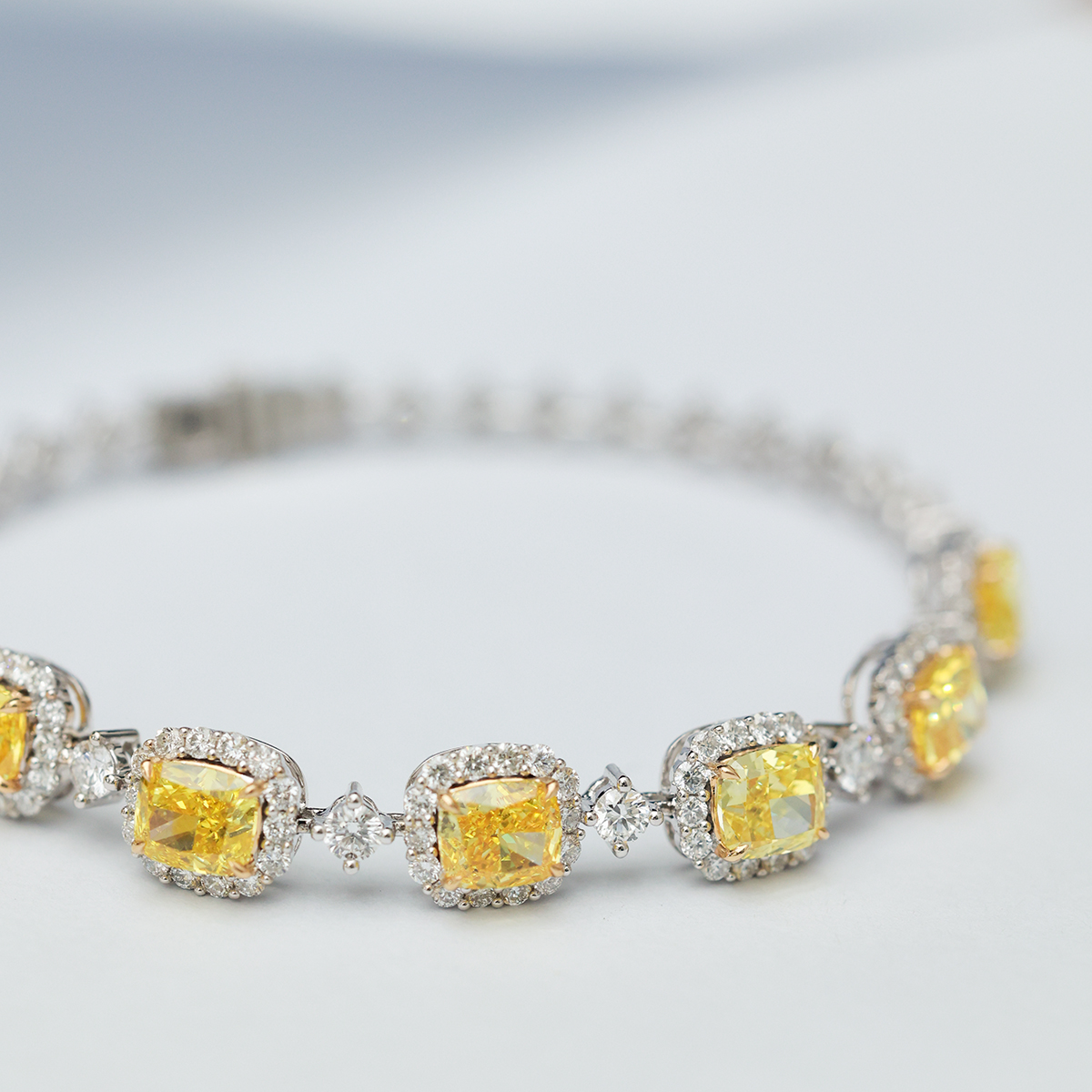 8 Carat Total Weight Cushion Cut Yellow and White Two Tone Lab Grown Diamond Bracelet in 18k White Gold-Light Mark