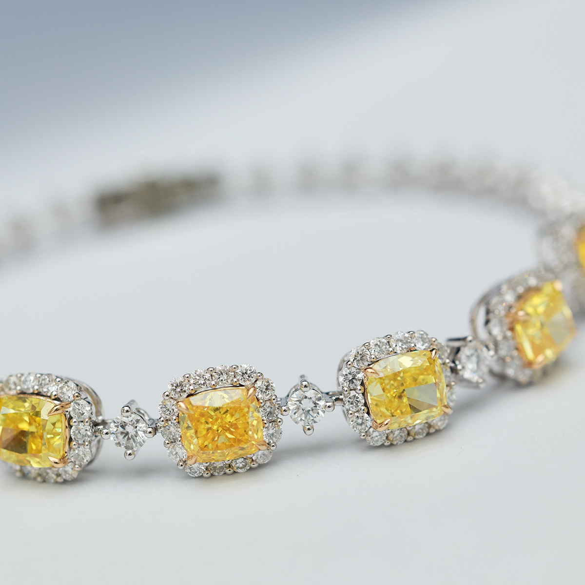 8 Carat Total Weight Cushion Cut Yellow and White Two Tone Lab Grown Diamond Bracelet in 18k White Gold-Light Mark