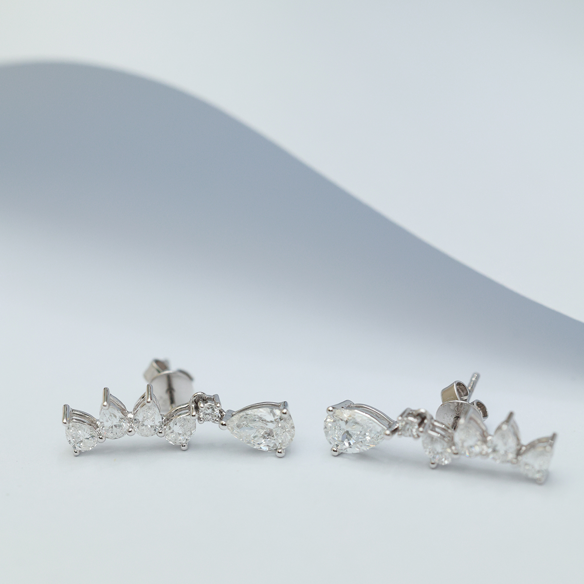 1.8 Carat Total Weight Pear Cut Diamond Curled Leaf Drop Ear Climber Earrings in 18k White Gold