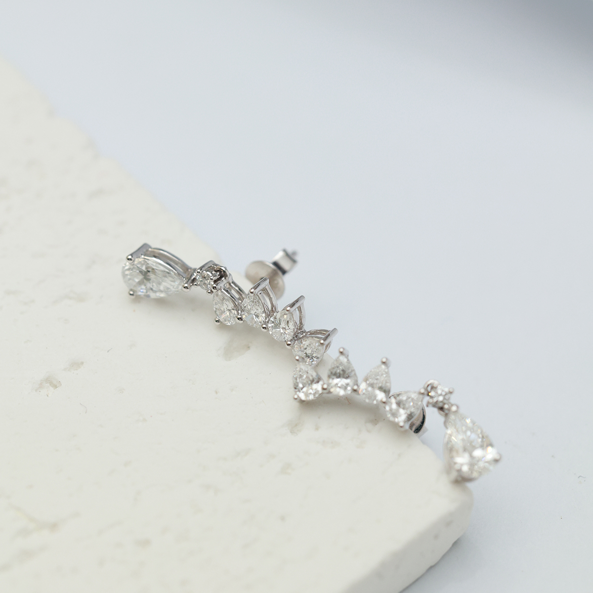 1.8 Carat Total Weight Pear Cut Diamond Curled Leaf Drop Ear Climber Earrings in 18k White Gold