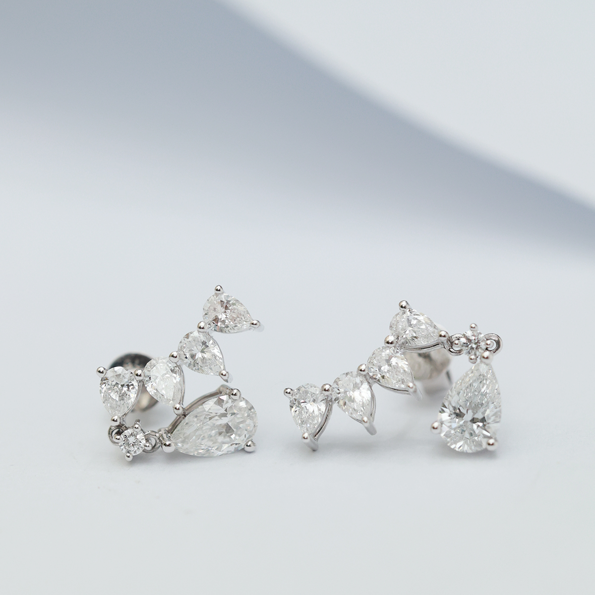 1.8 Carat Total Weight Pear Cut Diamond Curled Leaf Drop Ear Climber Earrings in 18k White Gold