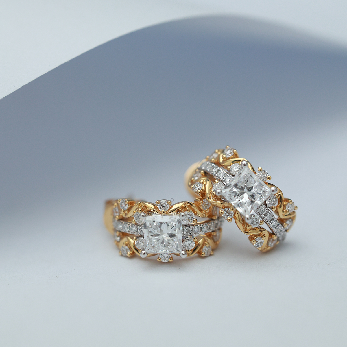1.4 Total Carat Winding Ivy Princess Cut Lab Grown Diamond Two Tone Stud Earrings in 18k Yellow Gold