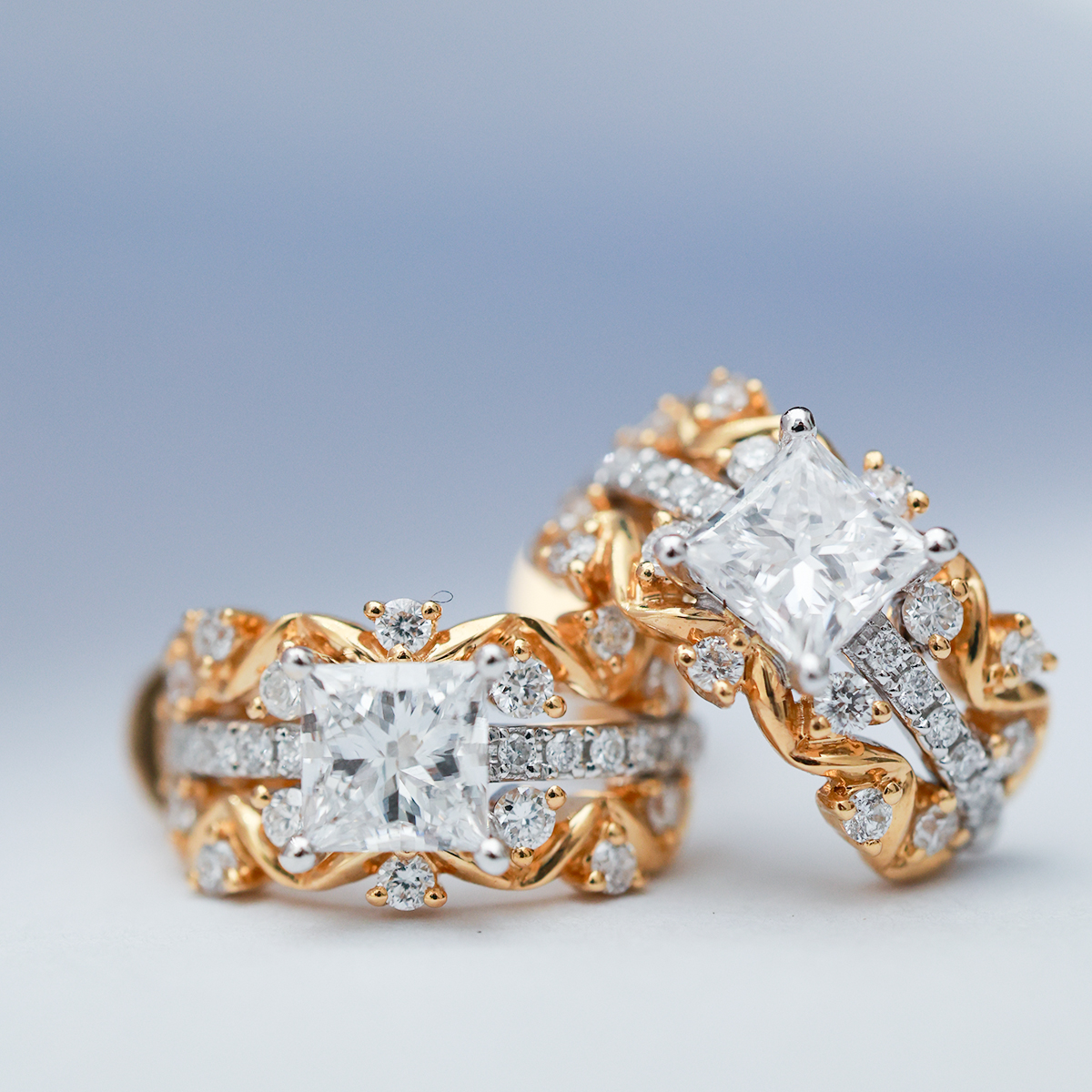 1.4 Total Carat Winding Ivy Princess Cut Lab Grown Diamond Two Tone Stud Earrings in 18k Yellow Gold