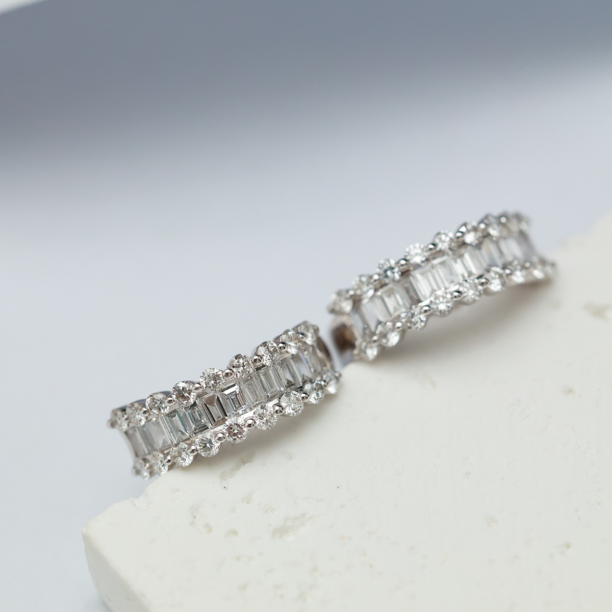 1.8 Carat Total Weight Baguette and Round Shape Lab Grown Diamond Huggies Earrings In 18k White Gold