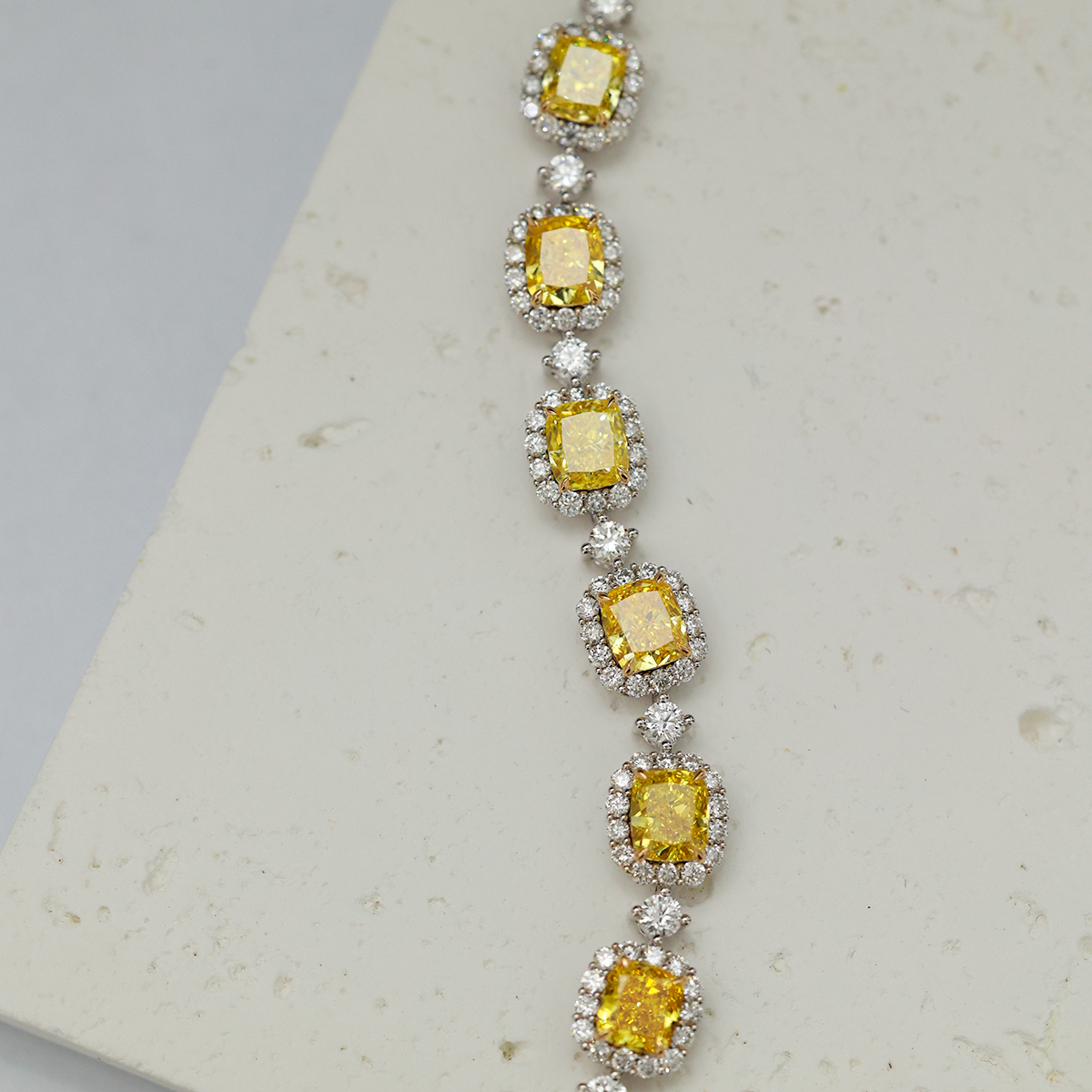 8 Carat Total Weight Cushion Cut Yellow and White Two Tone Lab Grown Diamond Bracelet in 18k White Gold-Light Mark