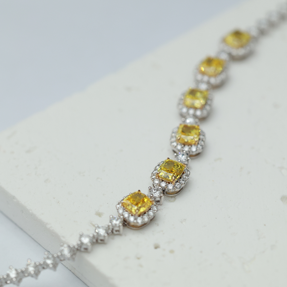 8 Carat Total Weight Cushion Cut Yellow and White Two Tone Lab Grown Diamond Bracelet in 18k White Gold-Light Mark