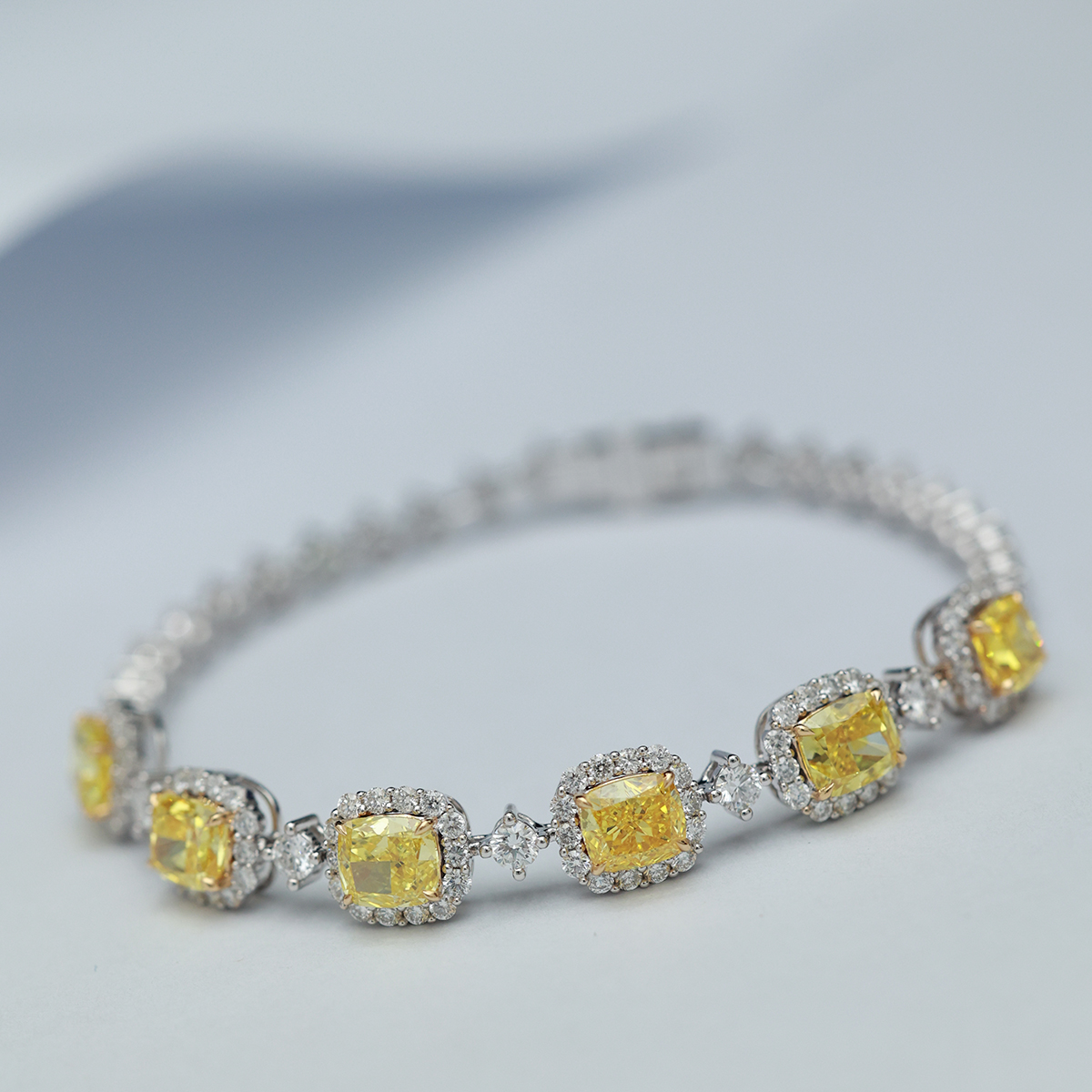 8 Carat Total Weight Cushion Cut Yellow and White Two Tone Lab Grown Diamond Bracelet in 18k White Gold-Light Mark