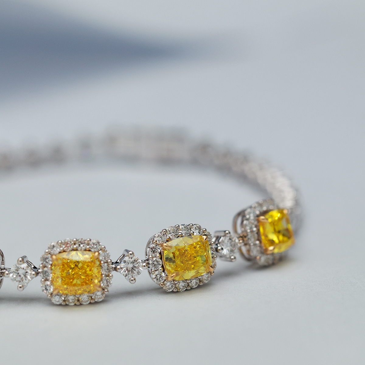 8 Carat Total Weight Cushion Cut Yellow and White Two Tone Lab Grown Diamond Bracelet in 18k White Gold-Light Mark