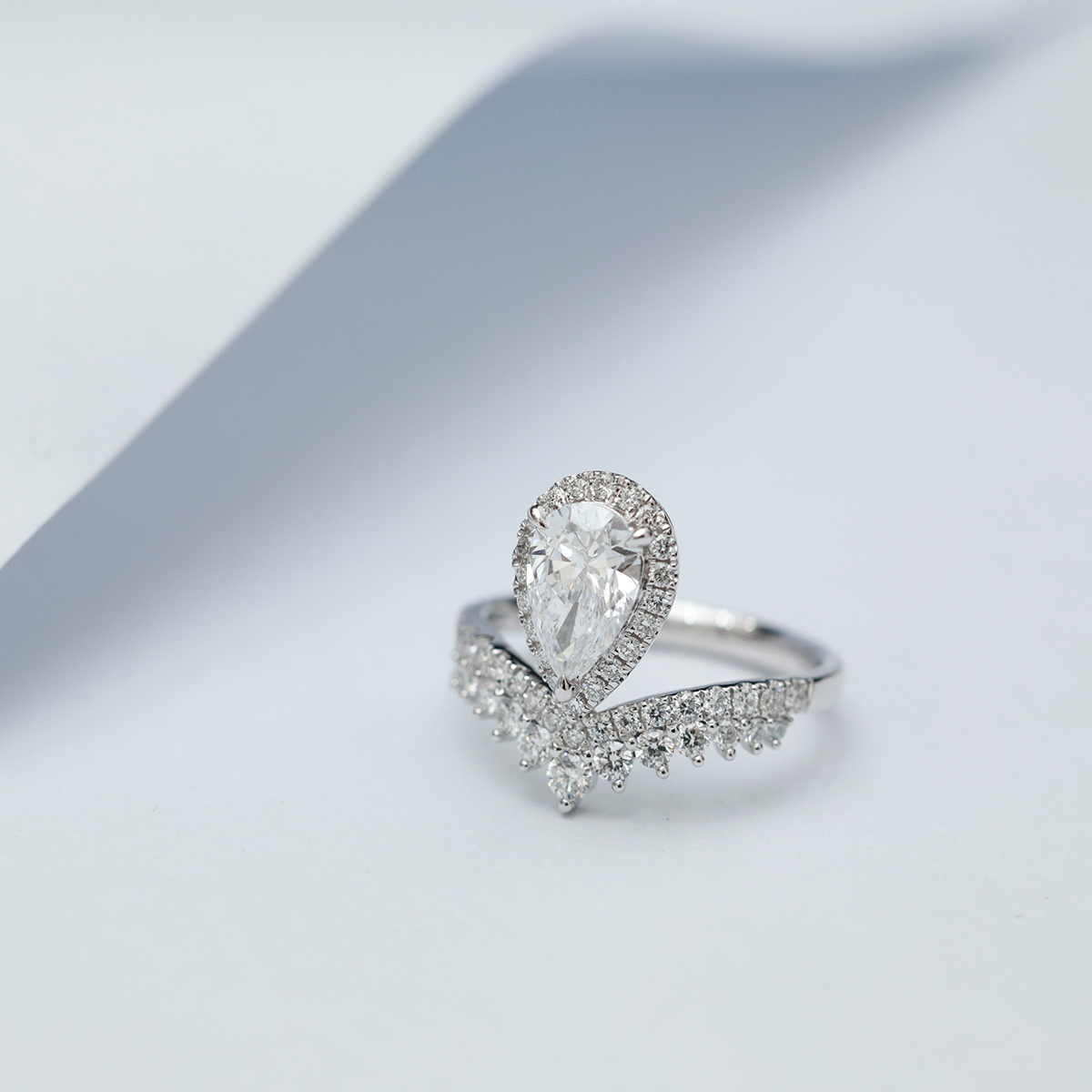 1 Carat Center Stone Halo Pear Cut Lab Grown Diamond V Shape Two Row Engagement Ring (1.6 Ct Tw)-Light Mark
