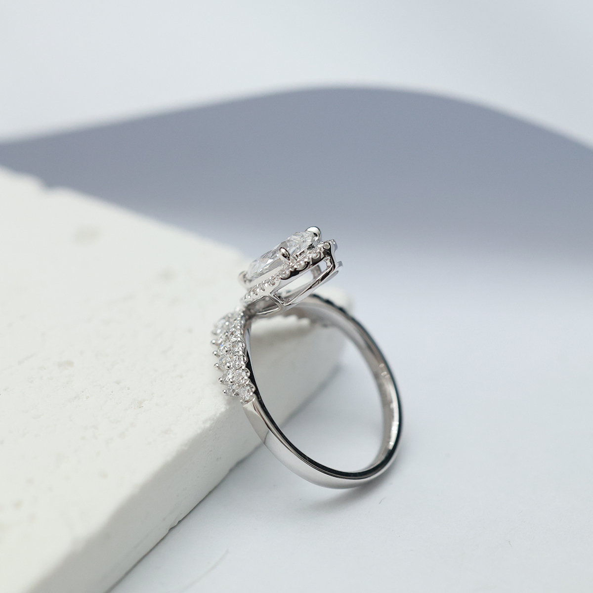 1 Carat Center Stone Halo Pear Cut Lab Grown Diamond V Shape Two Row Engagement Ring (1.6 Ct Tw)-Light Mark