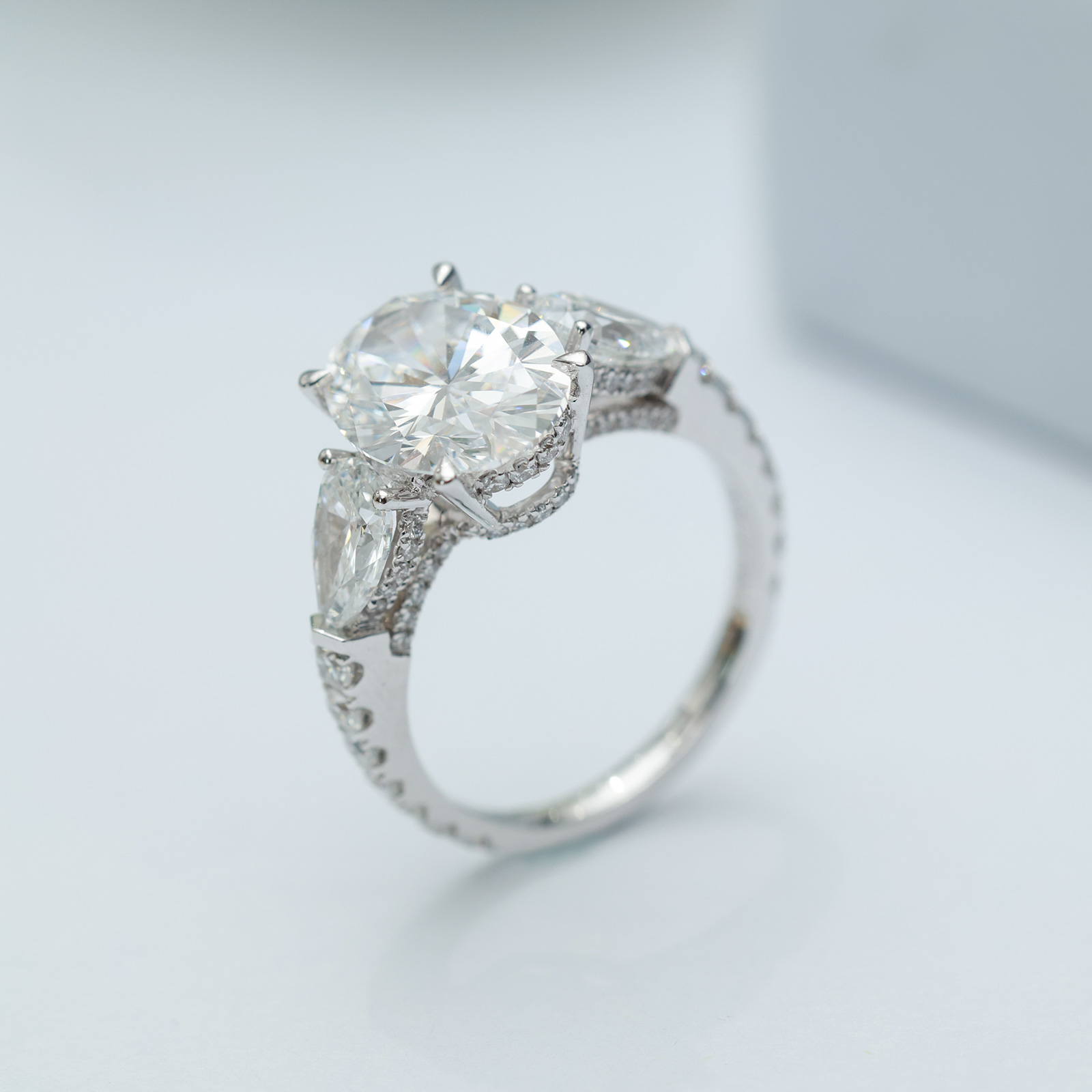 3 Carat Center Stone Oval Cut Three Stone Lab Grown Diamond Hidden Halo Engagement Ring  (4.9 Ct Tw)-Light Mark