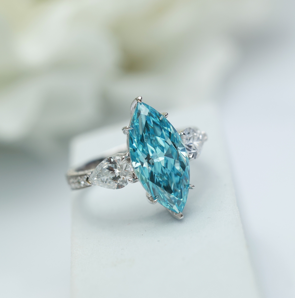 3.7 Carat Center Stone Luxe Blue Marquise Cut Lab Grown Diamond Three Stone Engagement Ring (5 Ct Tw)-Light Mark