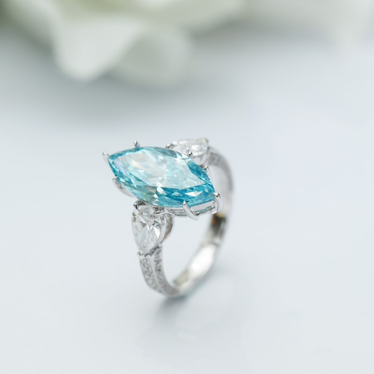 3.7 Carat Center Stone Luxe Blue Marquise Cut Lab Grown Diamond Three Stone Engagement Ring (5 Ct Tw)-Light Mark