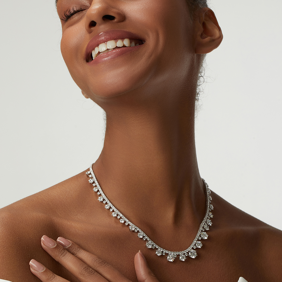 30.7 Carat Total Weight Graduated Round Cut Dangle Lab Grown Diamond Drops Riviera Necklace-Light Mark
