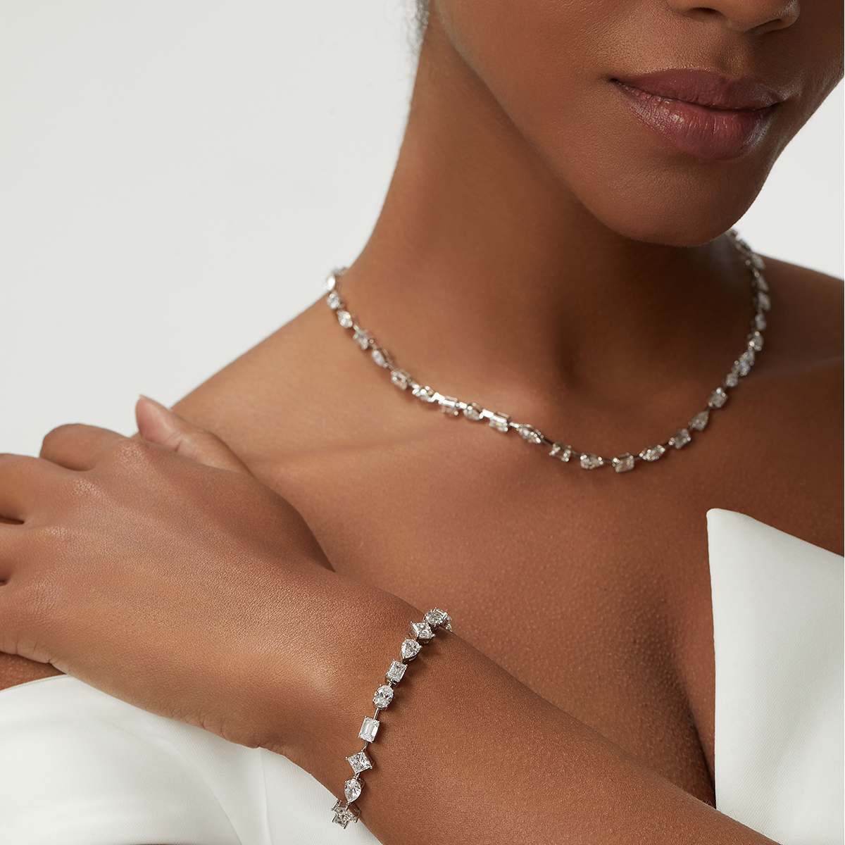 10 Carat Total Weight Multi-shaped Lab Grown Diamond Tennis Bracelet in 18k White Gold