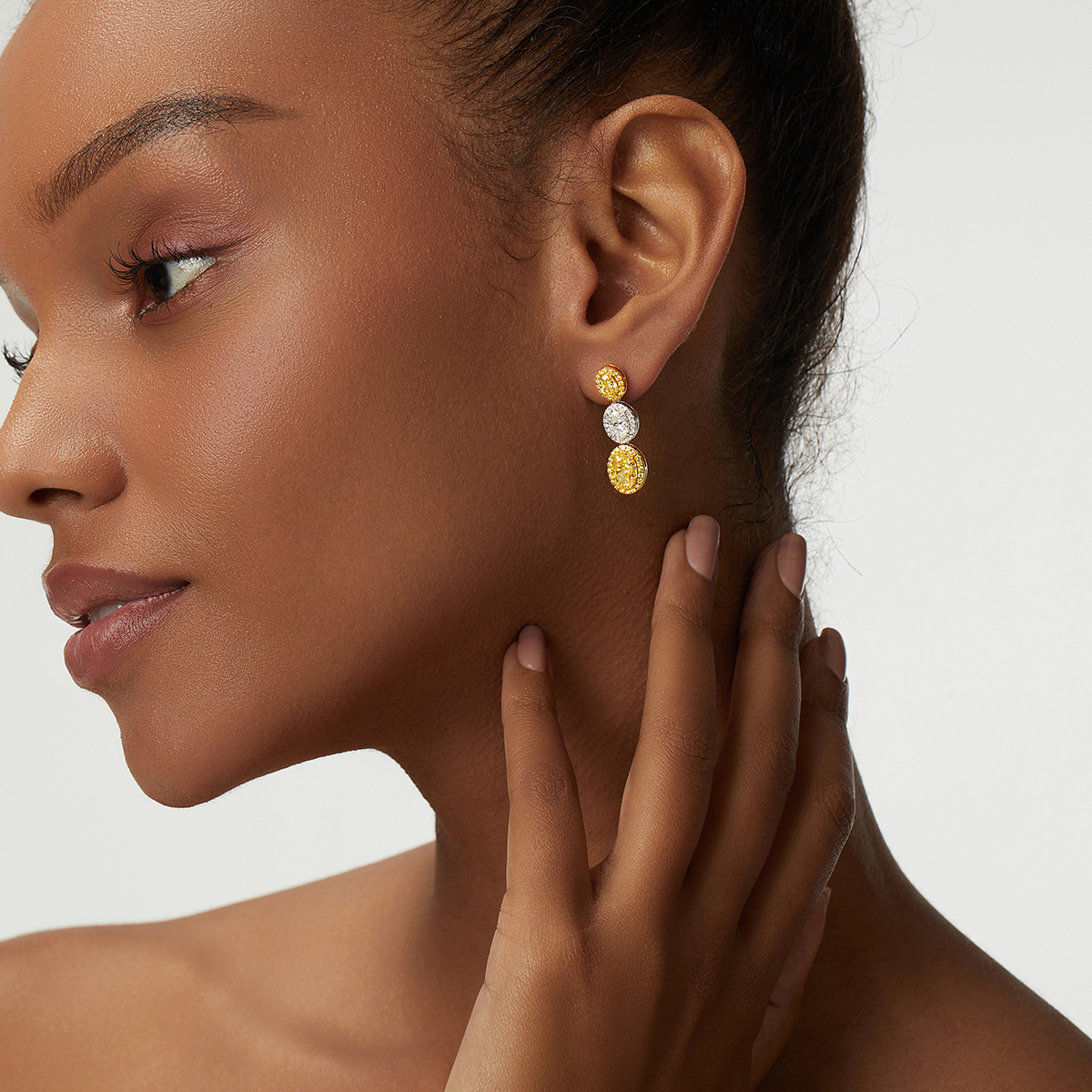 4.4 Carat Total Weight Halo Oval Three Stone Yellow and White Lab Grown Diamond Drop Earrings-Light Mark