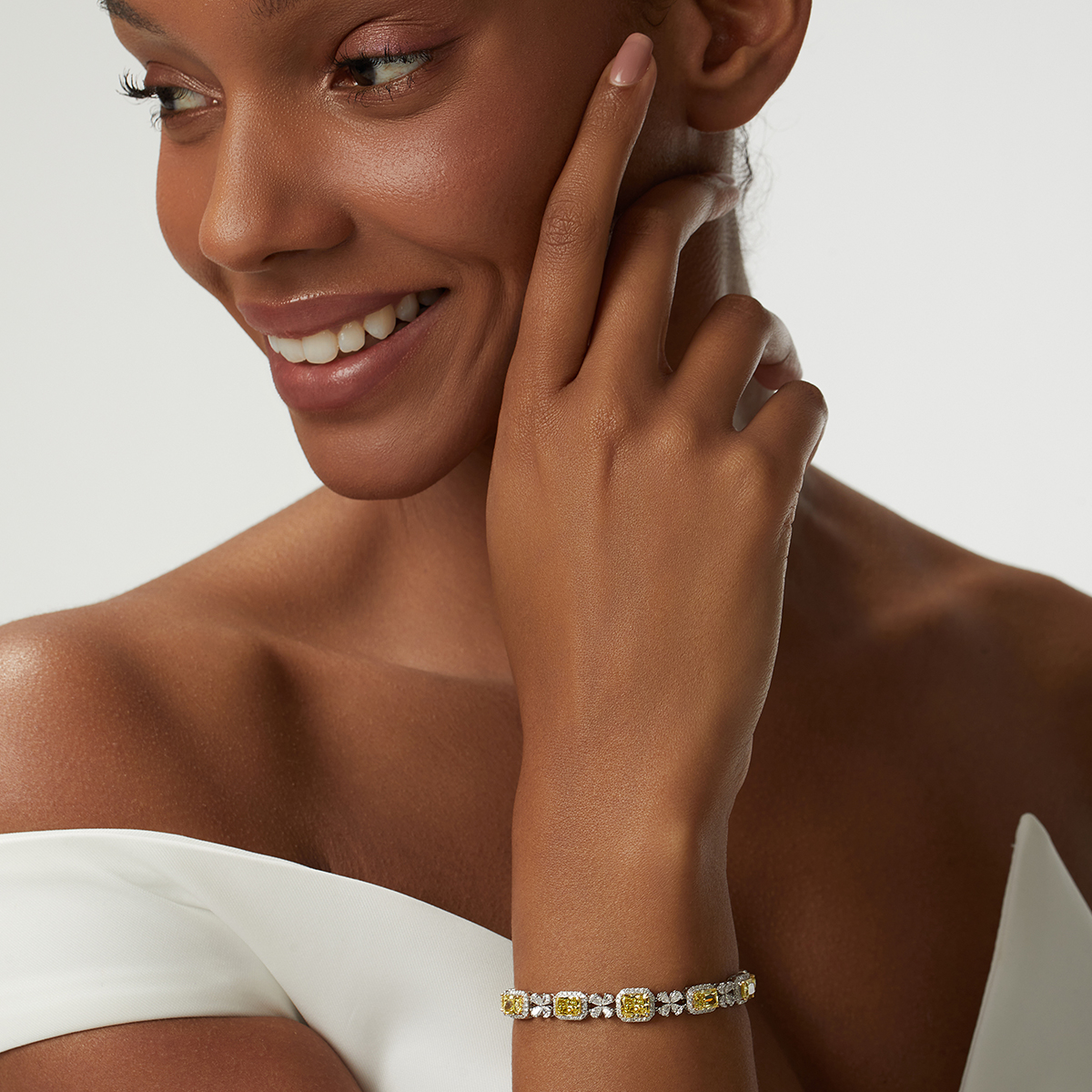 10.3 Carat Total Weight Halo Yellow Radiant Cut Lab Grown Diamond Floral Cocktail Bracelet -Light Mark