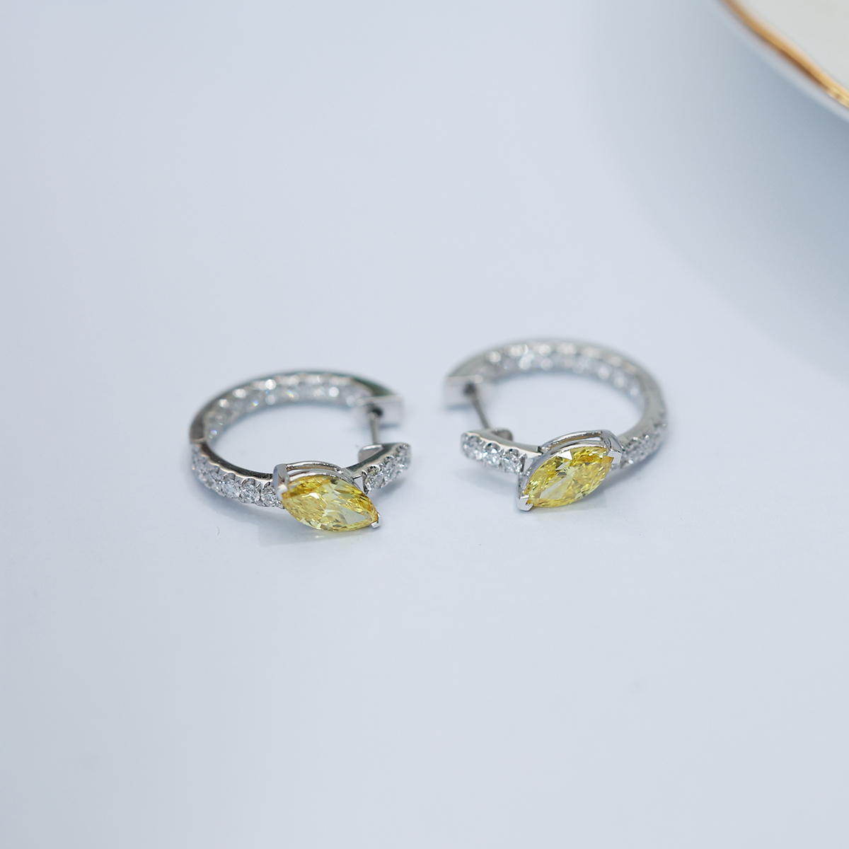 1.3 Carat Total Weight Marquise Cut Yellow and White Lab Grown Diamond Leaf Huggies Hoop Earrings-Light Mark