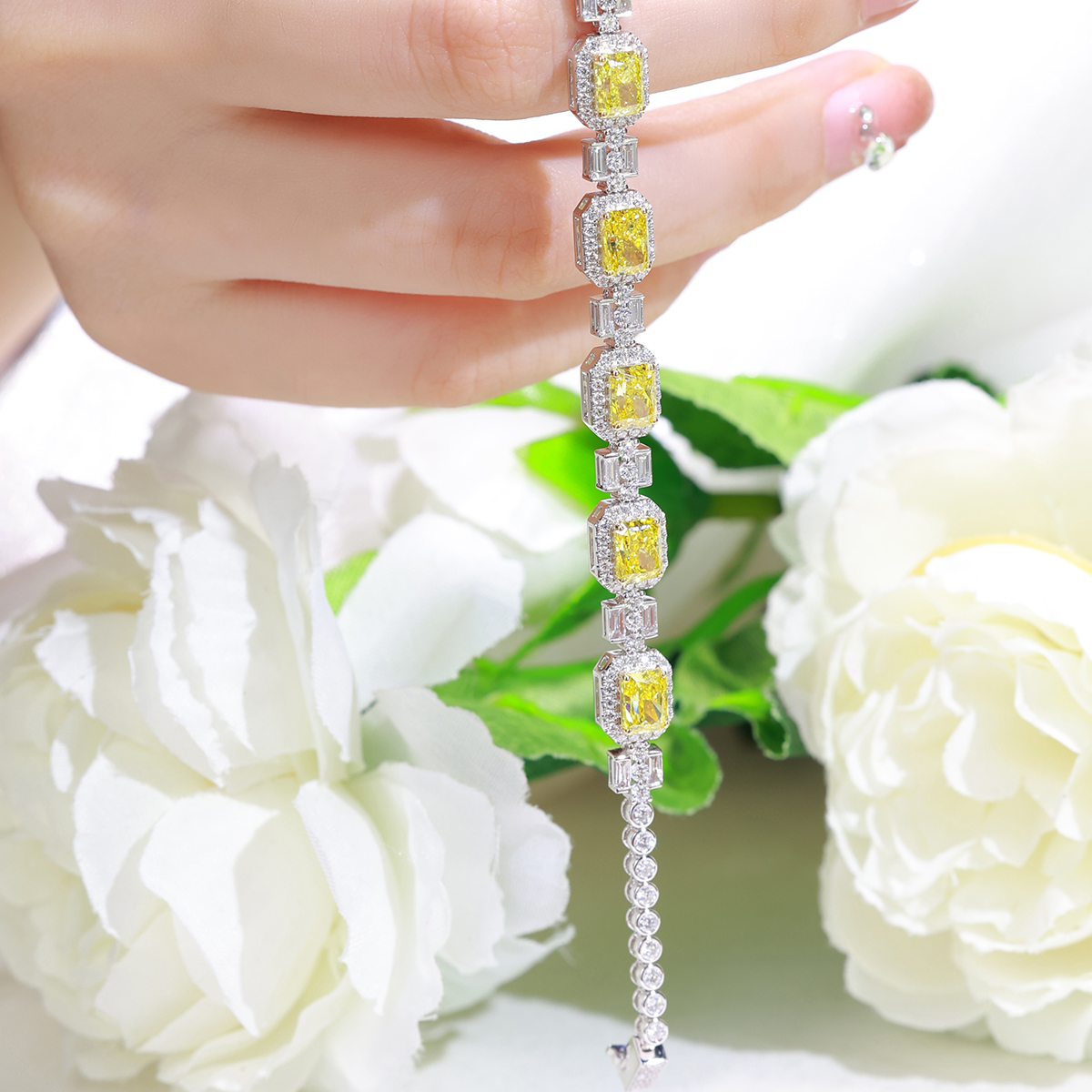 8.3 Carat Total Weight Yellow and White Halo Radiant Cut Lab Grown Diamond Mix Shape Bracelet-Light Mark