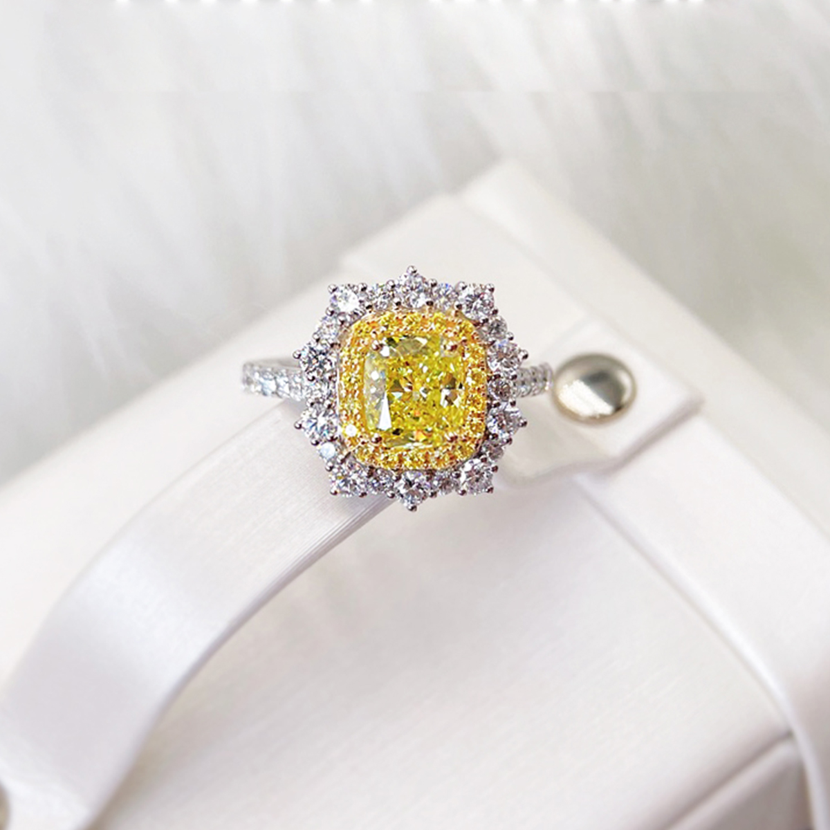 1.4 Carat Total Weight Yellow Radiant Cut Lab Grown Diamond Halo Engagement Ring in 18k White Gold