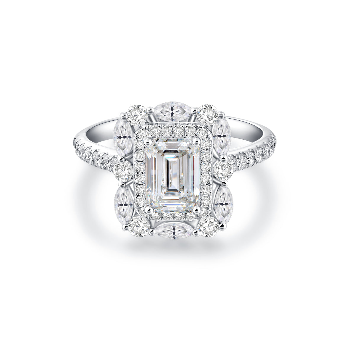Vintage Double Halo Emerald Cut Lab Grown Diamond Engagement Ring In 18 Gold