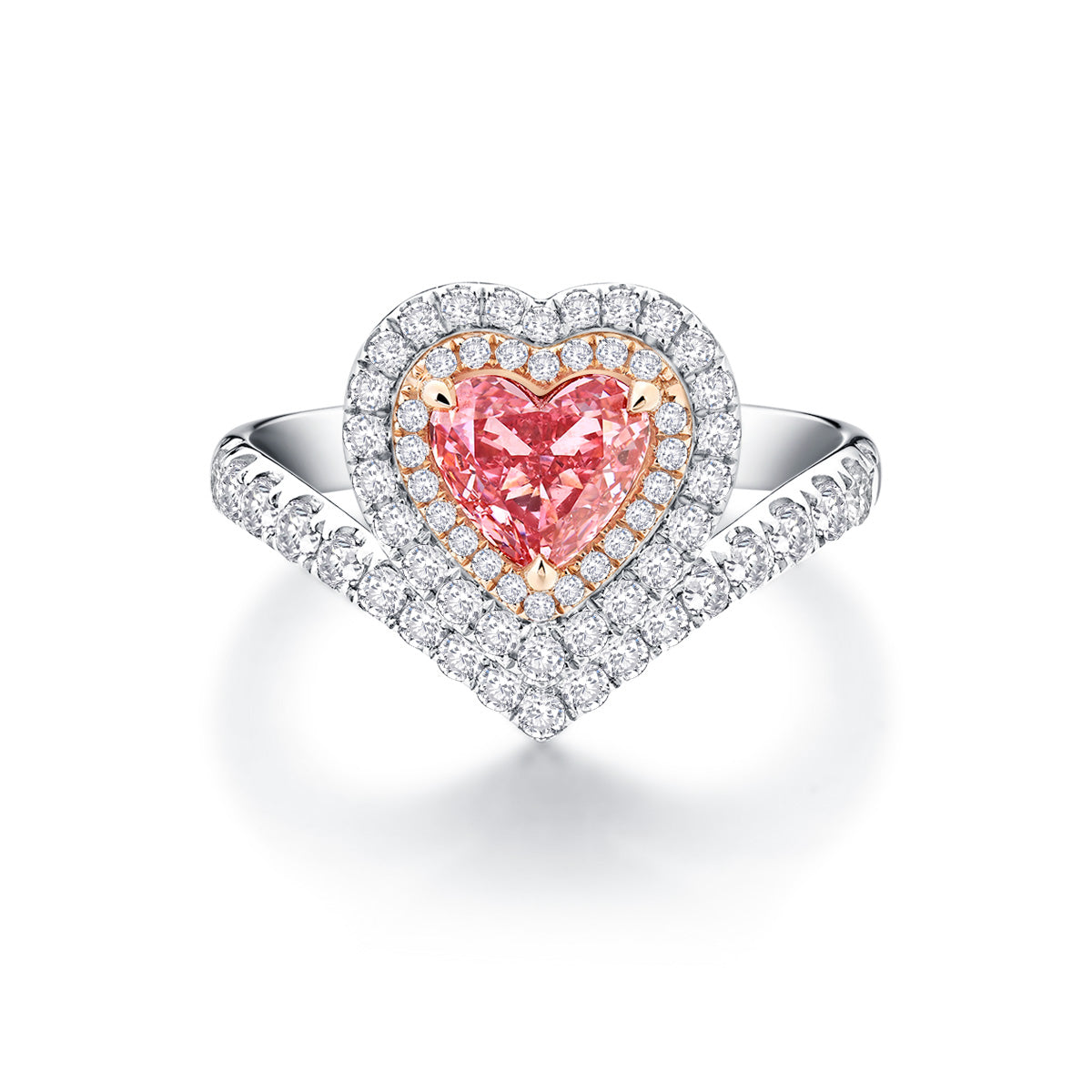 Pink Heart Cut Lab Grown Diamond V-Shape Doouble Halo Engagement Ring in 18k Gold  ( 1.3 Ct Tw)
