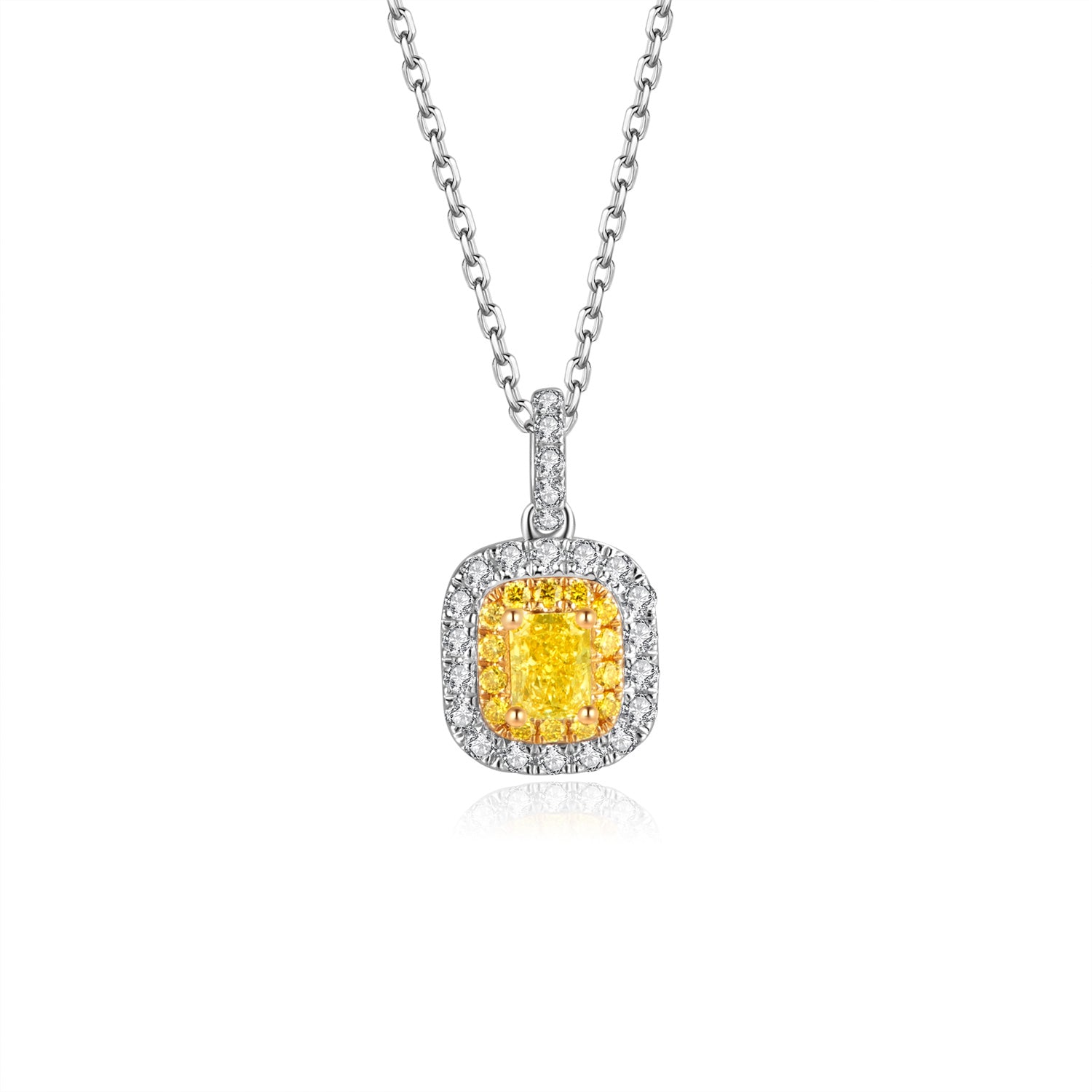 Halo Yellow Cushion Cut Lab Grown Diamond Pendant Necklace in 18k Gold ( 0.6 Ct Tw)