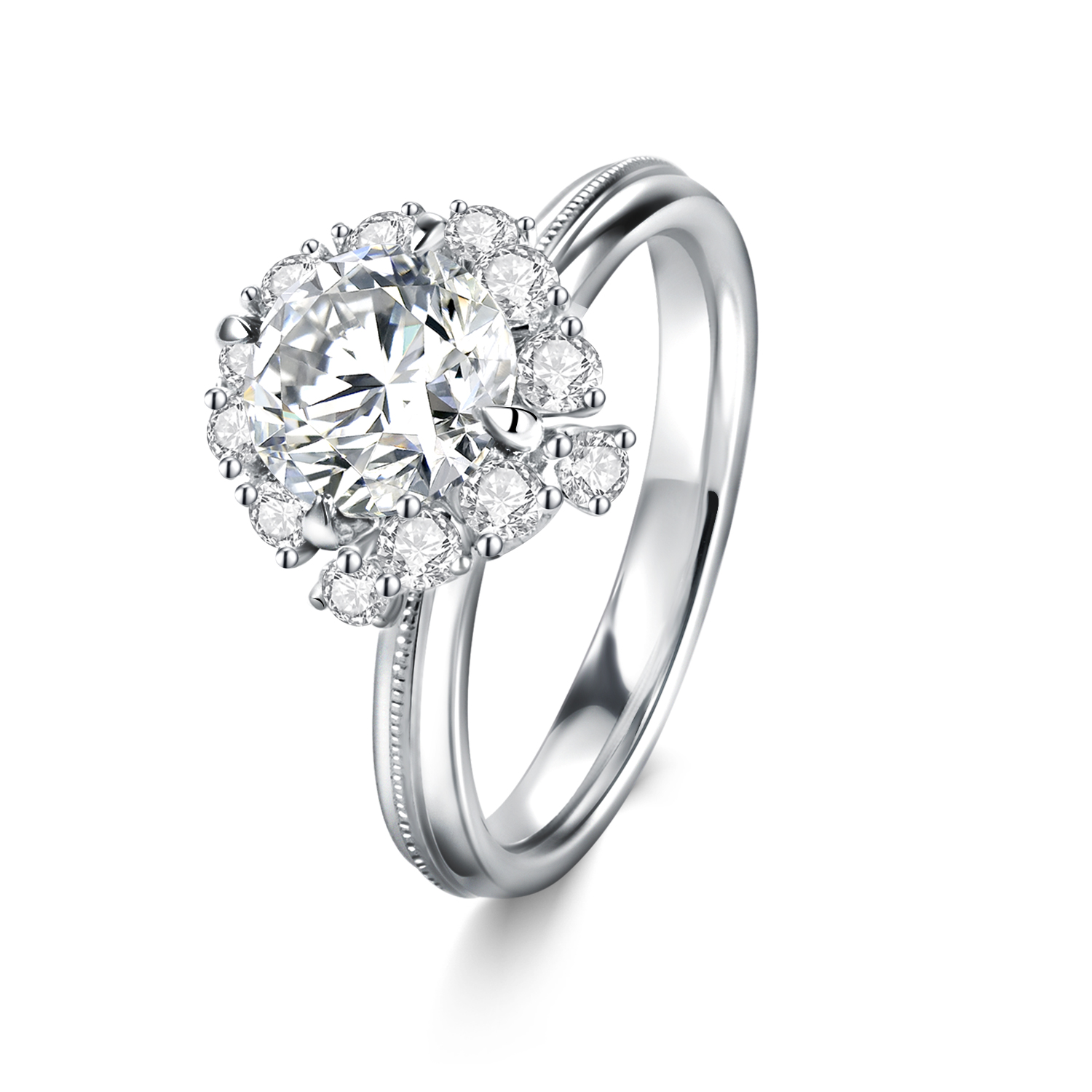 Floral Halo Round Cut Lab Grown Diamond Engagement Ring in 18K Gold