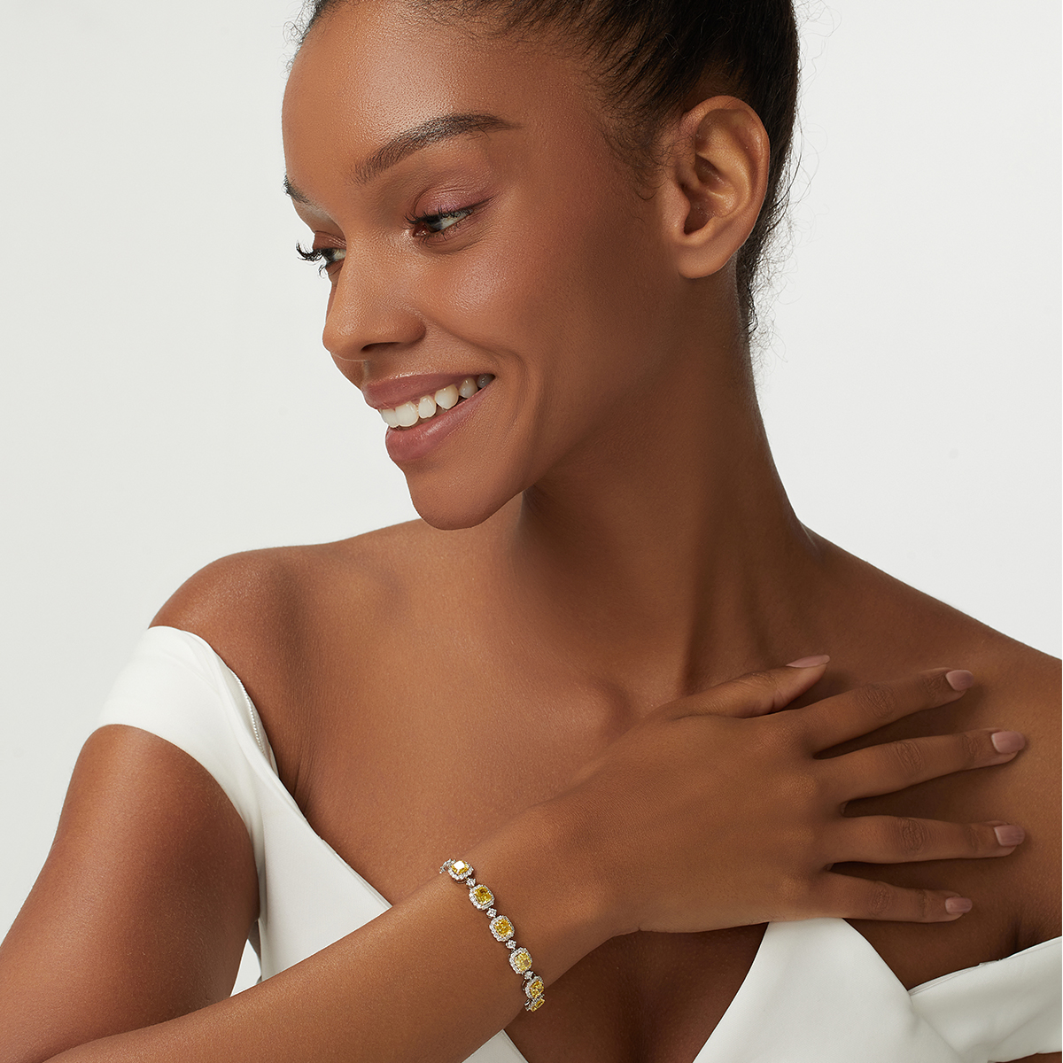 8 Carat Total Weight Cushion Cut Yellow and White Two Tone Lab Grown Diamond Bracelet in 18k White Gold-Light Mark