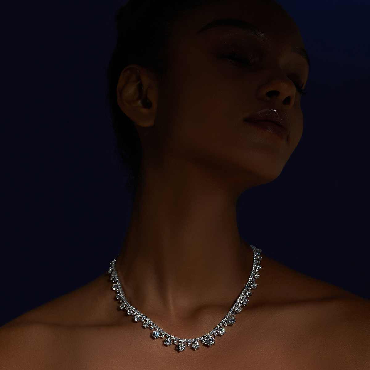 30.7 Carat Total Weight Graduated Round Cut Dangle Lab Grown Diamond Drops Riviera Necklace-Light Mark