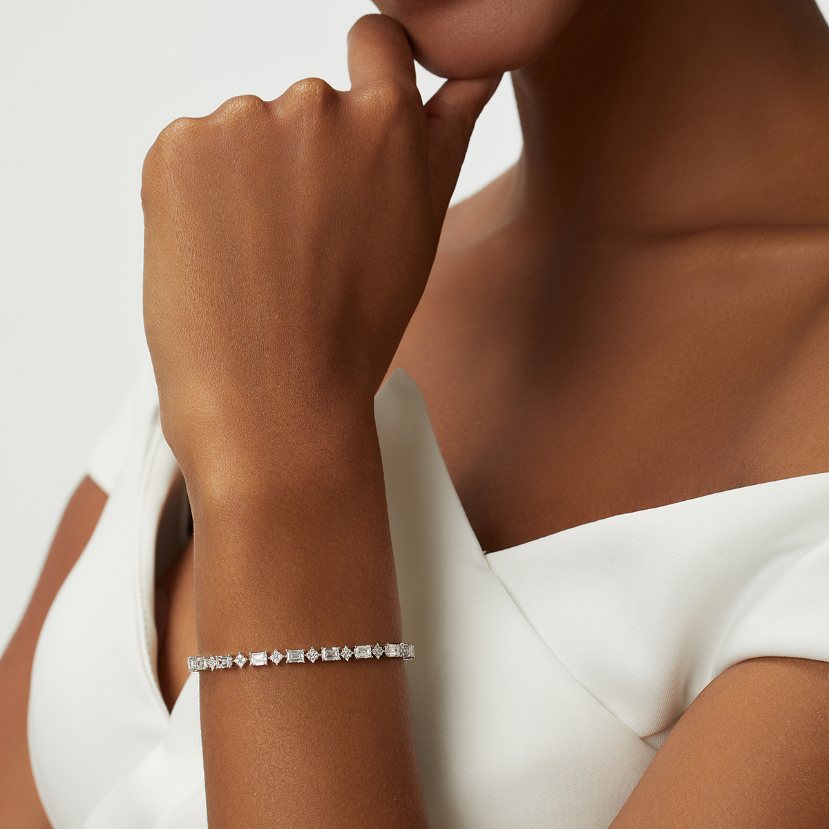 5.5 Carat Total Weight Emerald Cut and Round Cut Lab Grown Diamond Flower Cluster Bracelet-Light Mark