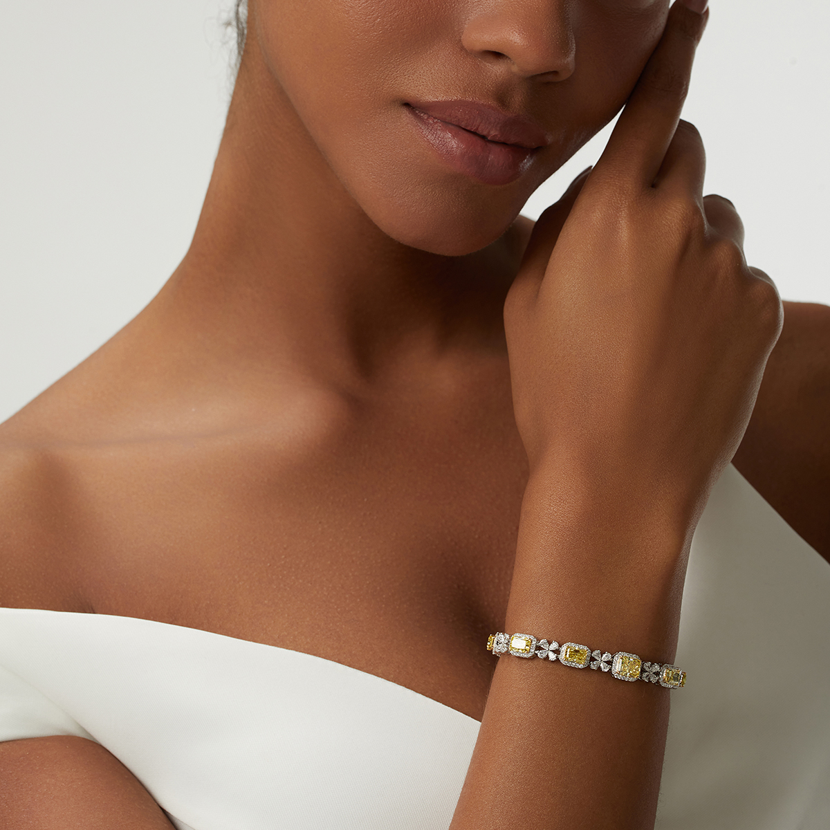 10.3 Carat Total Weight Halo Yellow Radiant Cut Lab Grown Diamond Floral Cocktail Bracelet -Light Mark