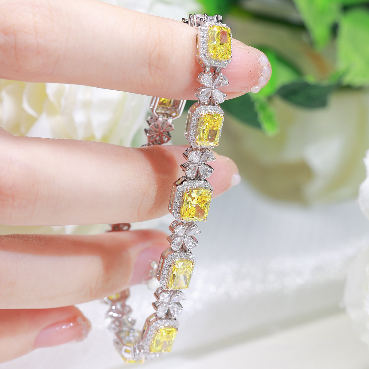 10.3 Carat Total Weight Halo Yellow Radiant Cut Lab Grown Diamond Floral Cocktail Bracelet -Light Mark