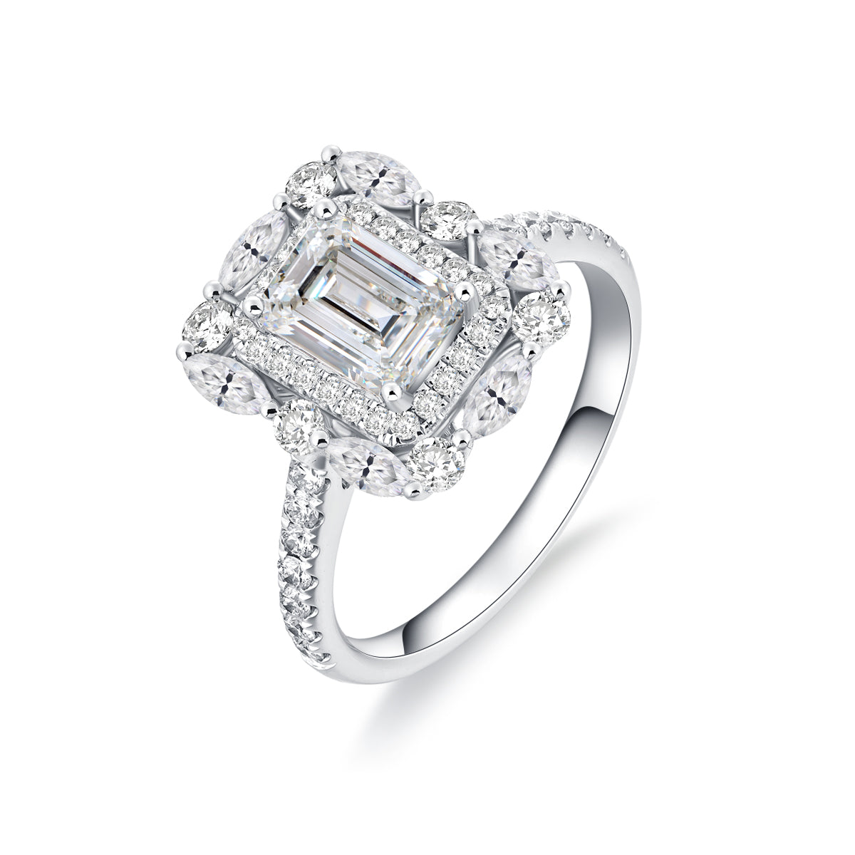 Vintage Double Halo Emerald Cut Lab Grown Diamond Engagement Ring In 18 Gold