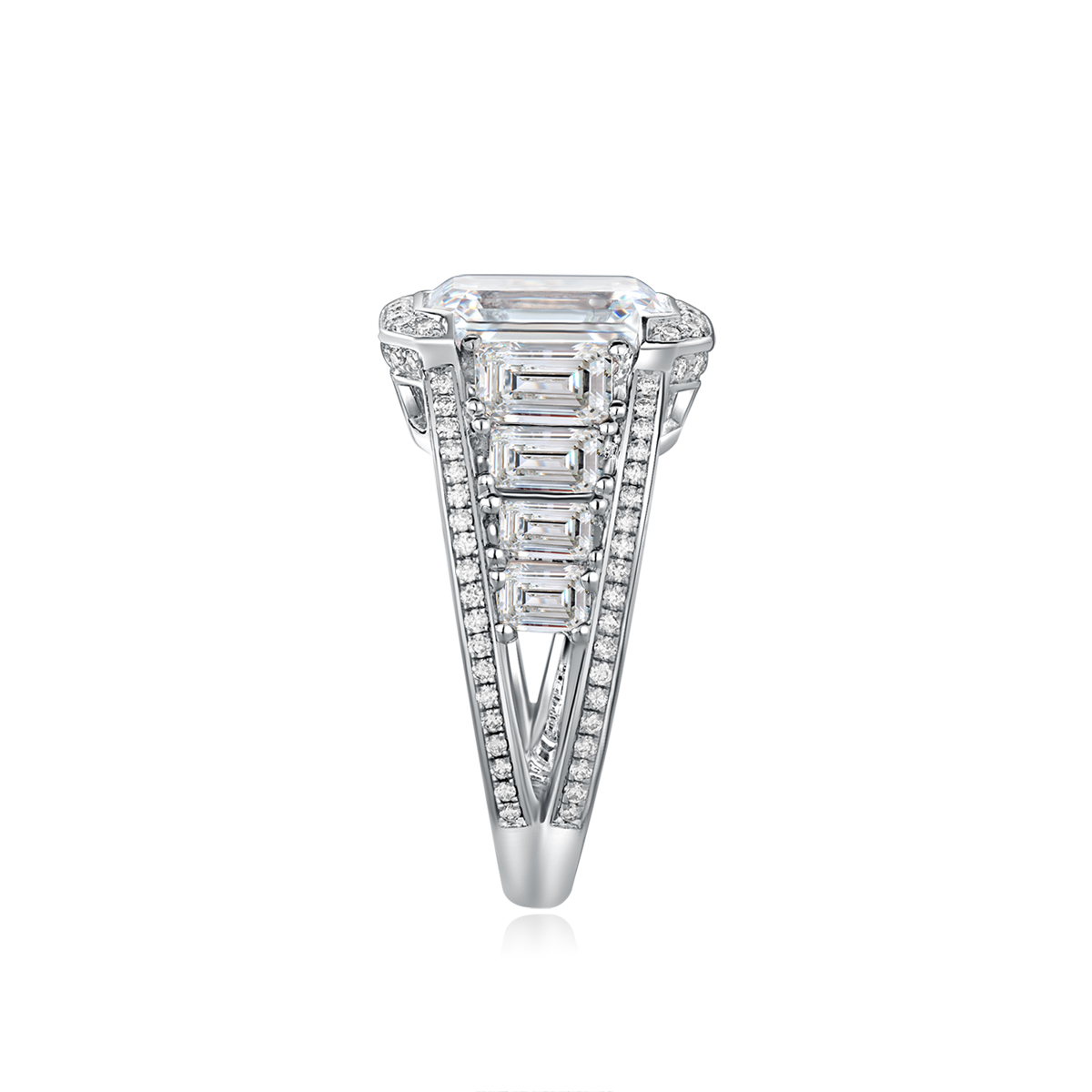 3 Carat Center Stone Emerald Cut Lab Grown Diamond Designer Split Shank Engagement Ring (4.7 Ct Tw)-Light Mark