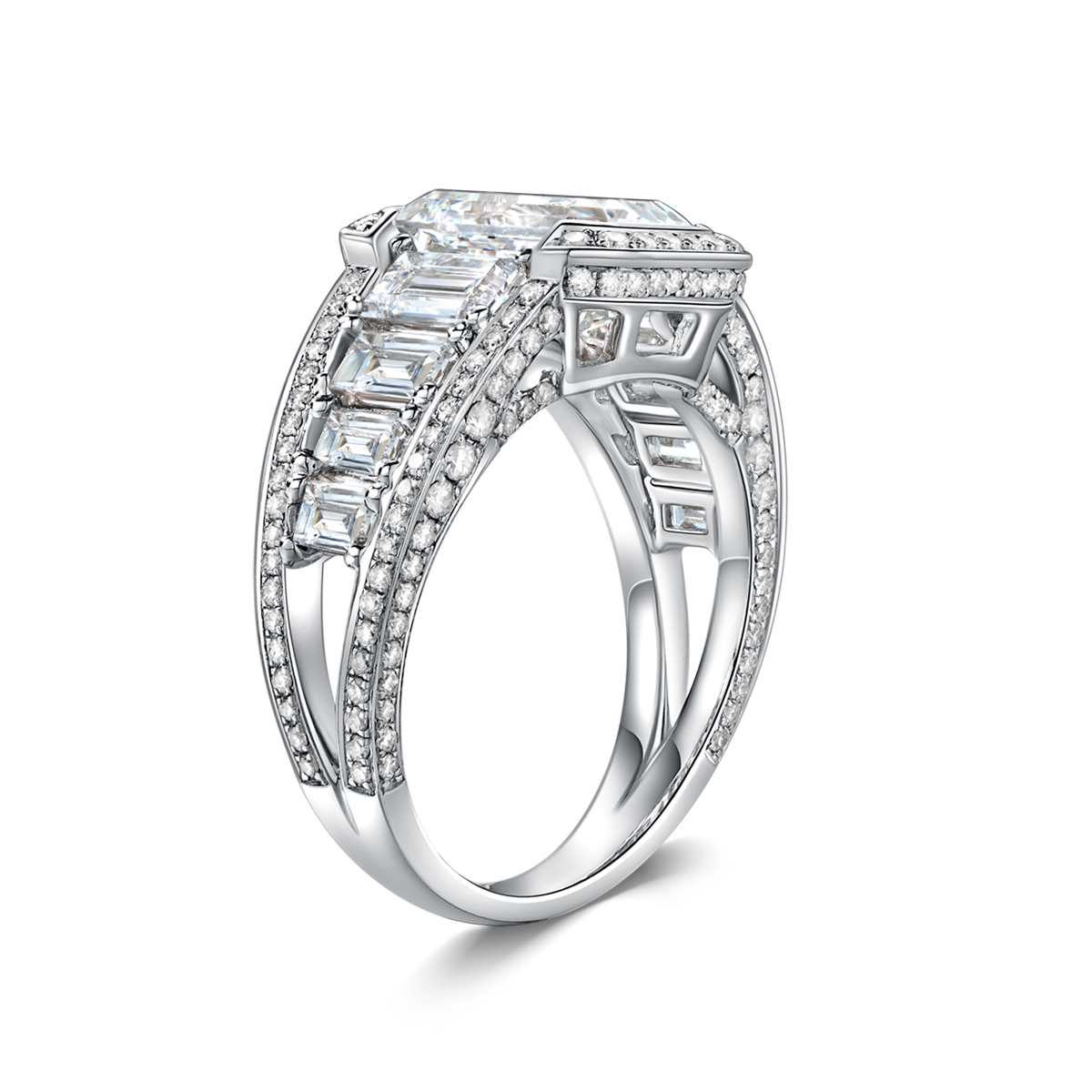 3 Carat Center Stone Emerald Cut Lab Grown Diamond Designer Split Shank Engagement Ring (4.7 Ct Tw)-Light Mark