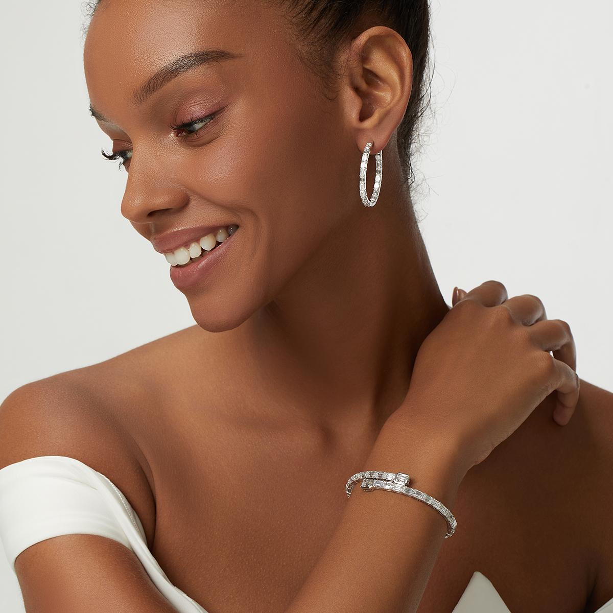 5 Carat Total Weight Emerald Cut Inside Out Diamond Hoop Earrings in 18k White Gold