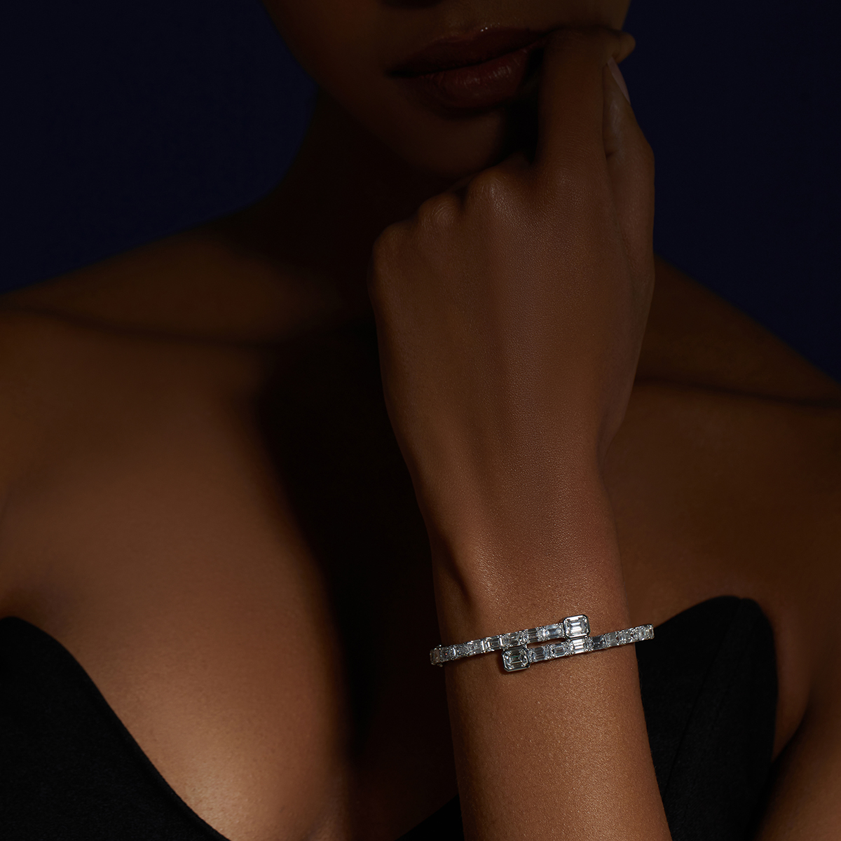 18 Carat Total Weight Statement Emerald Cut Lab Grown Diamond Overlap Bangle Bracelet-Light Mark