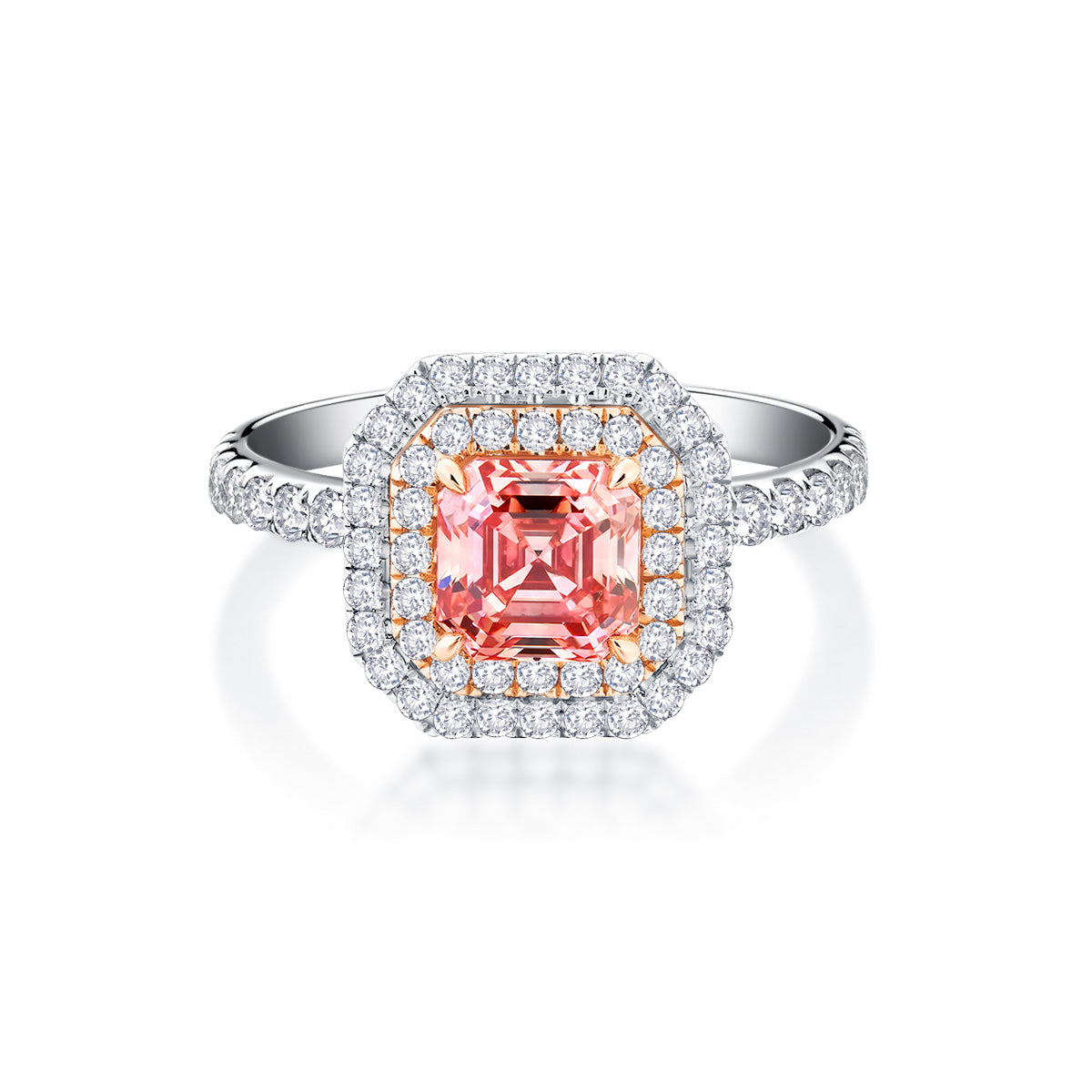 1 Carat Pink Radiant Cut Lab Grown Diamond Center Stone Double Halo Enagegement Ring in 18k Gold ( 1.5 Ct Tw)-Light Mark